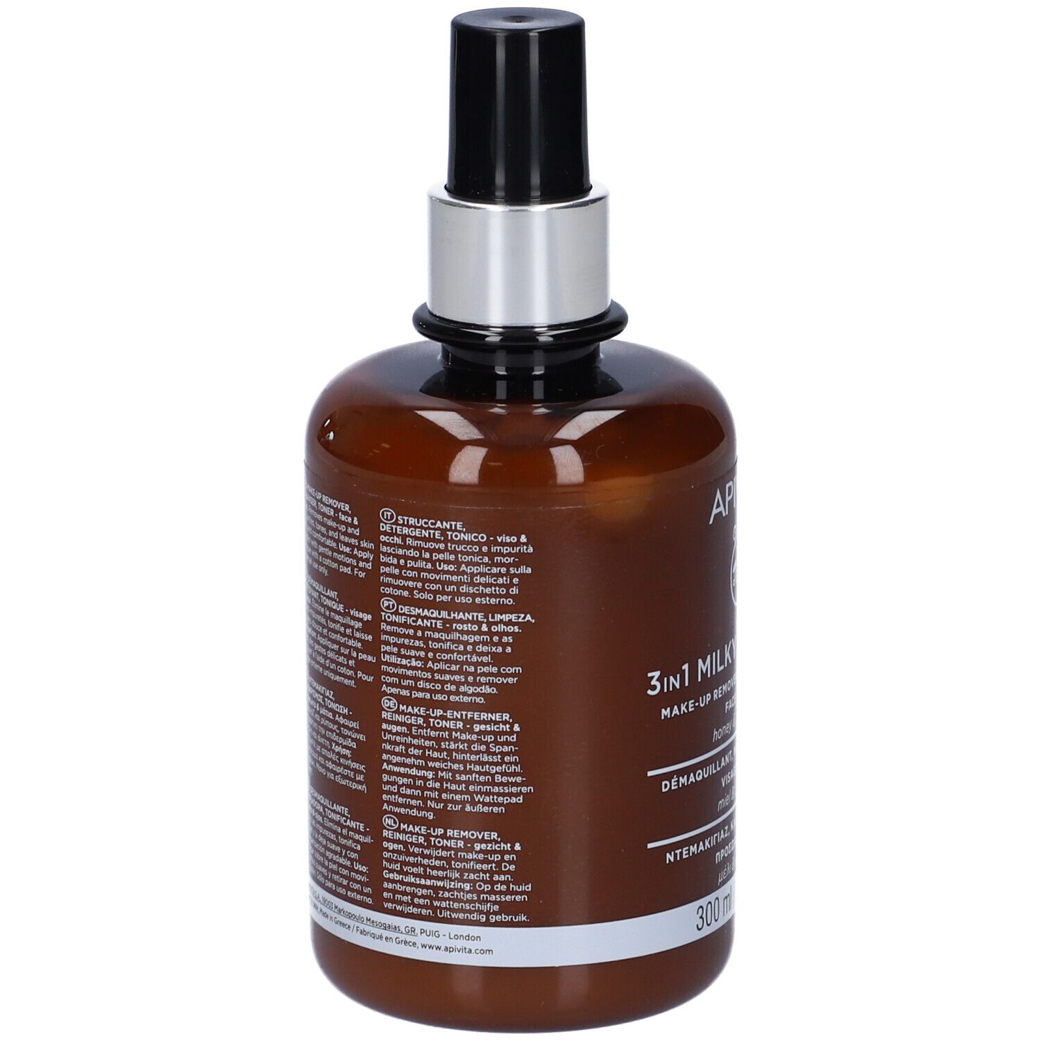 Flacone marrone con erogatore nero. Scritta: Apivita, 3in1 Milky Cleanser. 300 ml.