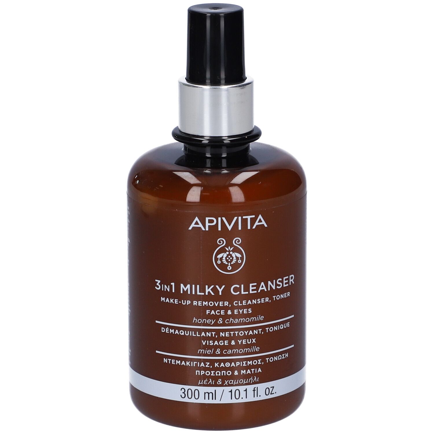 Flacone marrone con erogatore nero. Scritta: Apivita, 3in1 Milky Cleanser. 300 ml.