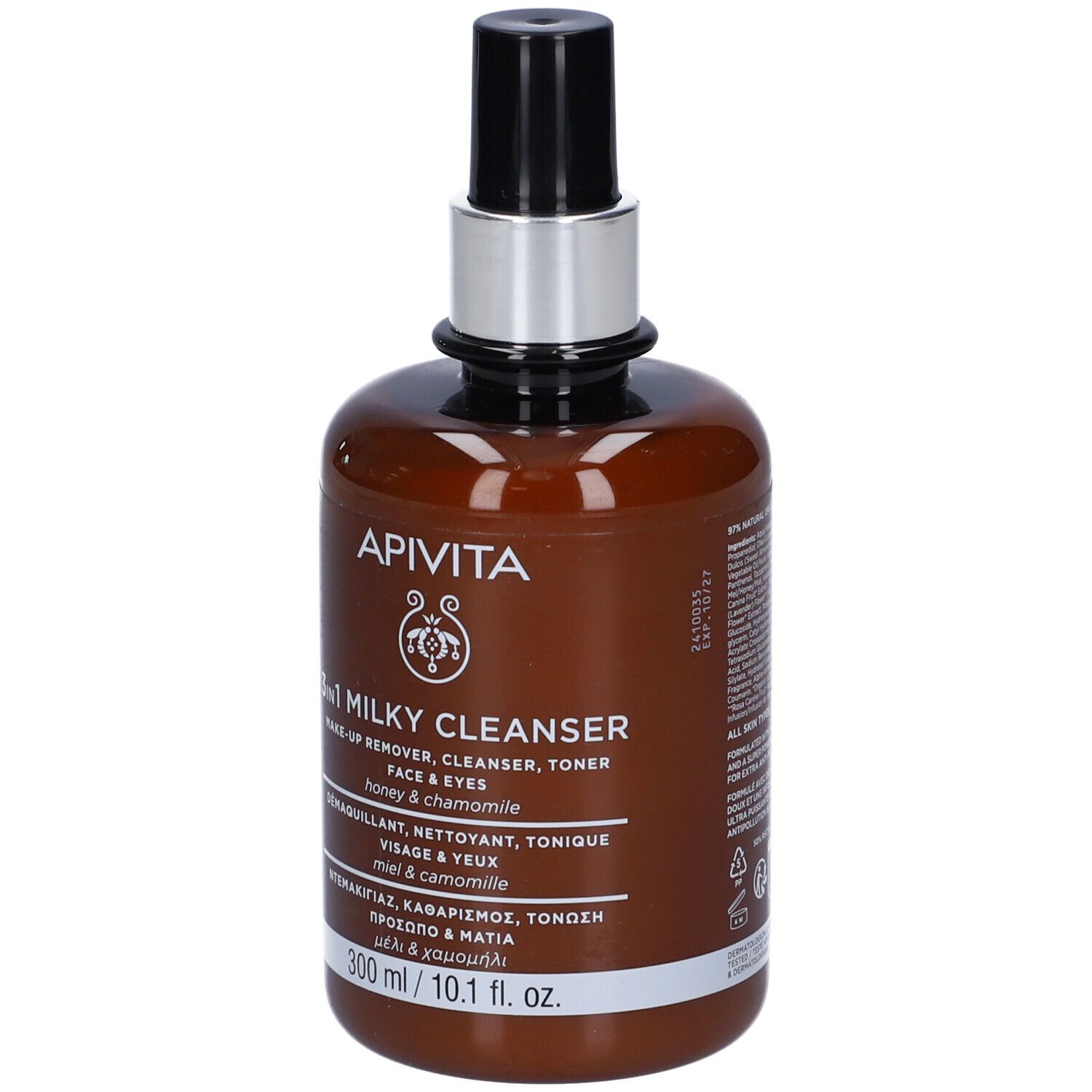 Flacone marrone con erogatore nero. Scritta: Apivita, 3in1 Milky Cleanser. 300 ml.