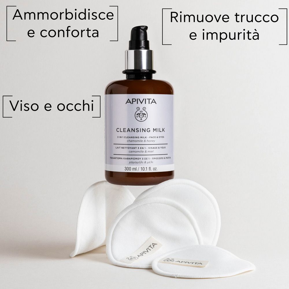Flacone e dischetti struccanti riutilizzabili. Testo: Rimuove trucco e impurità, viso e occhi.