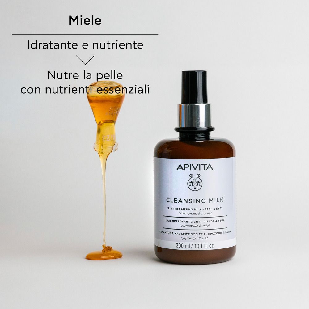 Flacone, camomilla e miele. Testo: 97% origine naturale, camomilla lenitiva, miele idratante.