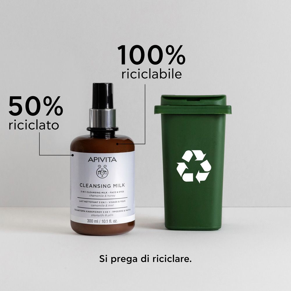 Flacone e bidone verde. Testo: 100% riciclabile, 50% riciclato. Si prega di riciclare.