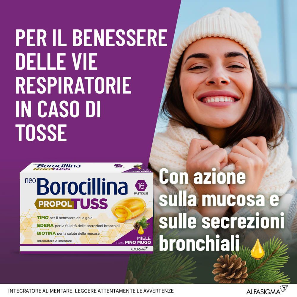Pubblicità con donna. Testo: Per il benessere delle vie respiratorie in caso di tosse. Prodotto: Neo Borocillina PropolTuss. Azione sulla mucosa.