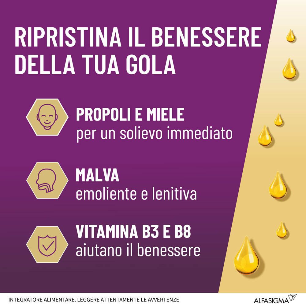 Testo: Ripristina il benessere della tua gola. Ingredienti: Propoli e miele, malva, vitamina B3 e B8. Illustrazioni di gocce.