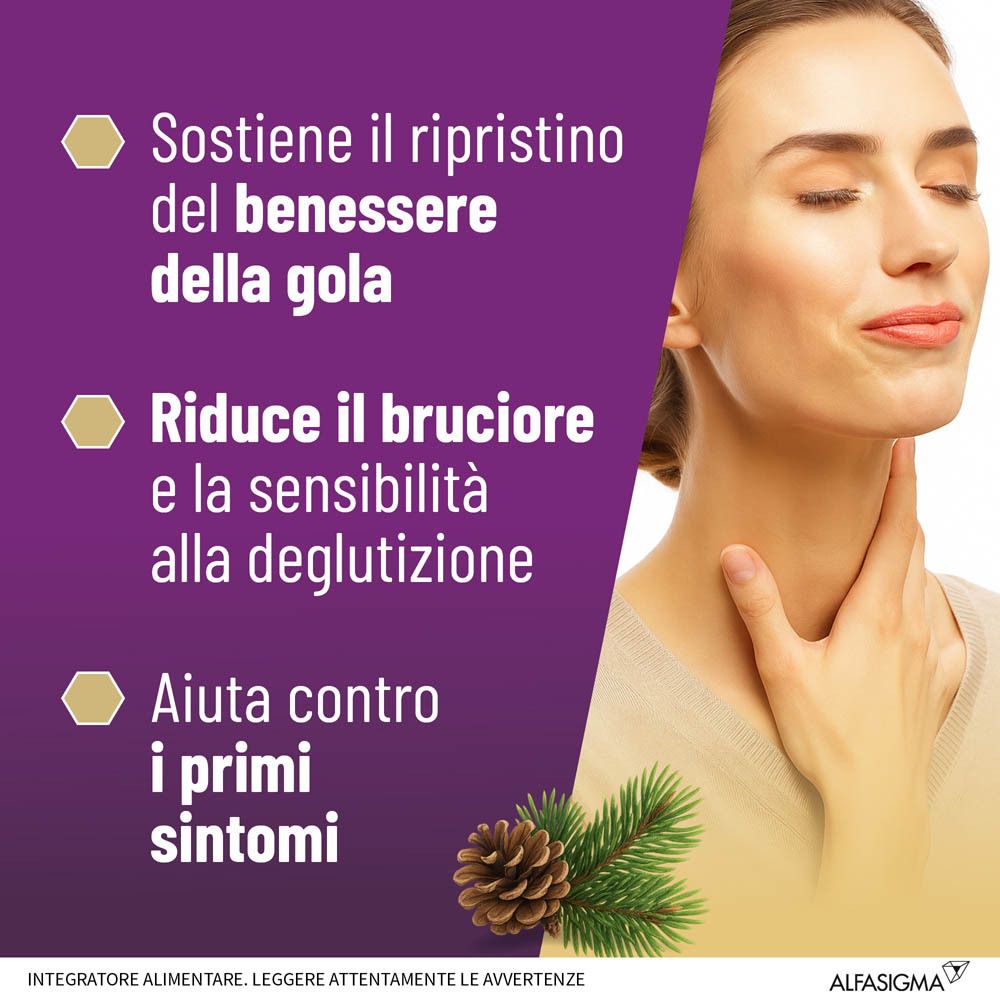 Testo: Sostiene il ripristino del benessere della gola. Riduce il bruciore. Aiuta contro i primi sintomi. Illustrazione di pigna.