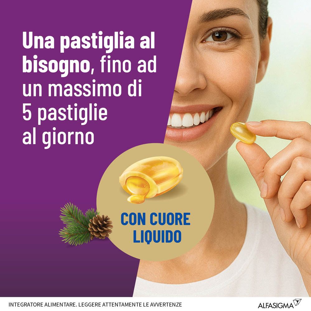 Donna prende pastiglia. Testo: Una pastiglia al bisogno, fino a un massimo di 5 pastiglie al giorno. Con cuore liquido. Illustrazione pigna.