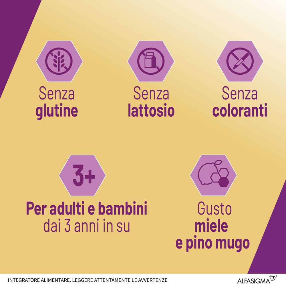 Testo: Senza glutine, senza lattosio, senza coloranti. Per adulti e bambini dai 3 anni in su. Gusto miele e pino mugo.