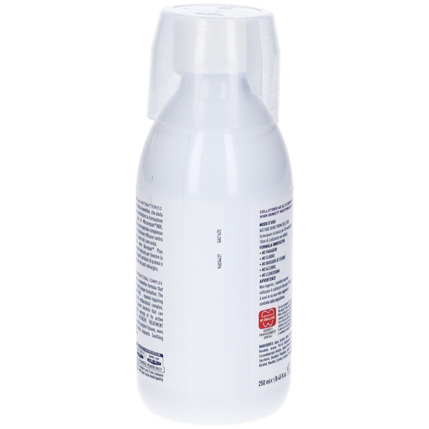 Retro di un flacone bianco di collutorio. Testo: Biorepair Plus, Collutorio ad alta densità. Ingredienti e istruzioni per l'uso.