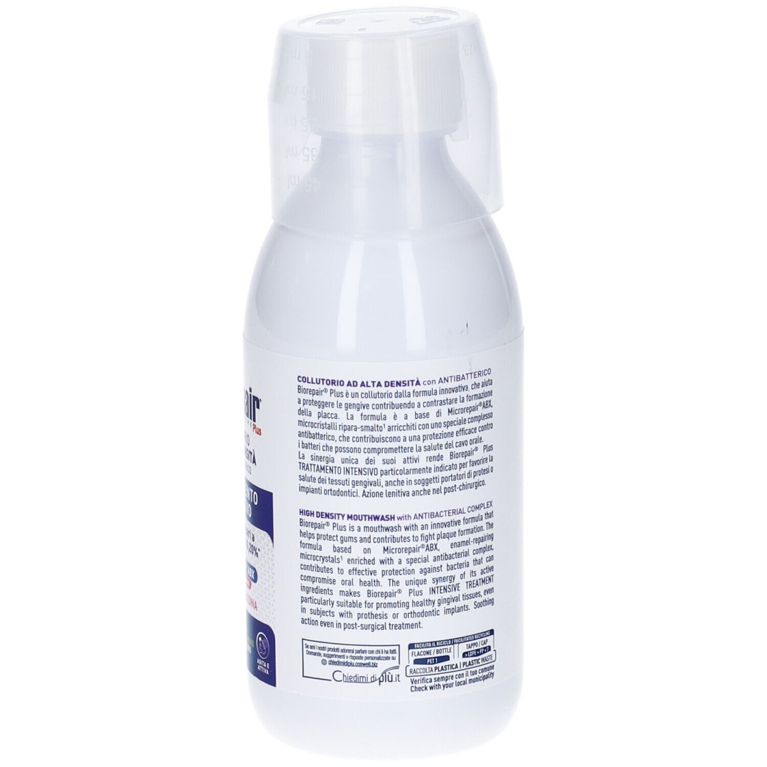 Flacone bianco di collutorio. Testo: Biorepair Plus, Collutorio ad alta densità. Trattamento intensivo. Con antibatterico.