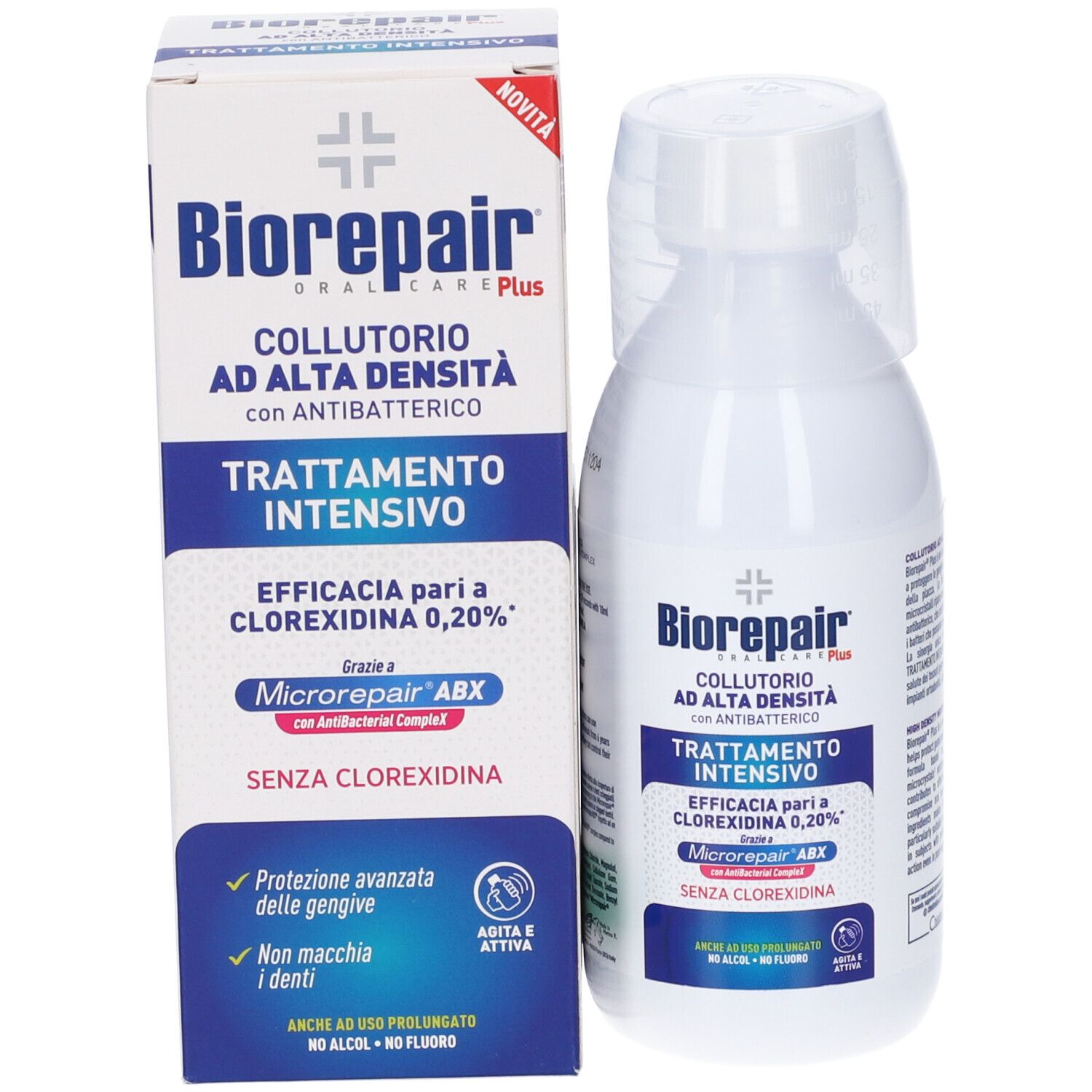 Confezione e flacone di collutorio. Testo: Biorepair Plus, Collutorio ad alta densità. Trattamento intensivo. Con antibatterico.