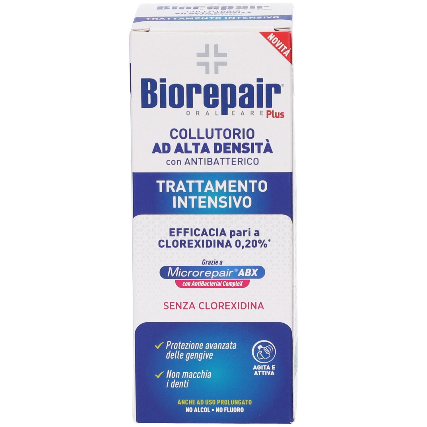 Confezione del prodotto. Testo: Biorepair Plus, Collutorio ad alta densità. Trattamento intensivo. Con antibatterico. Novità.