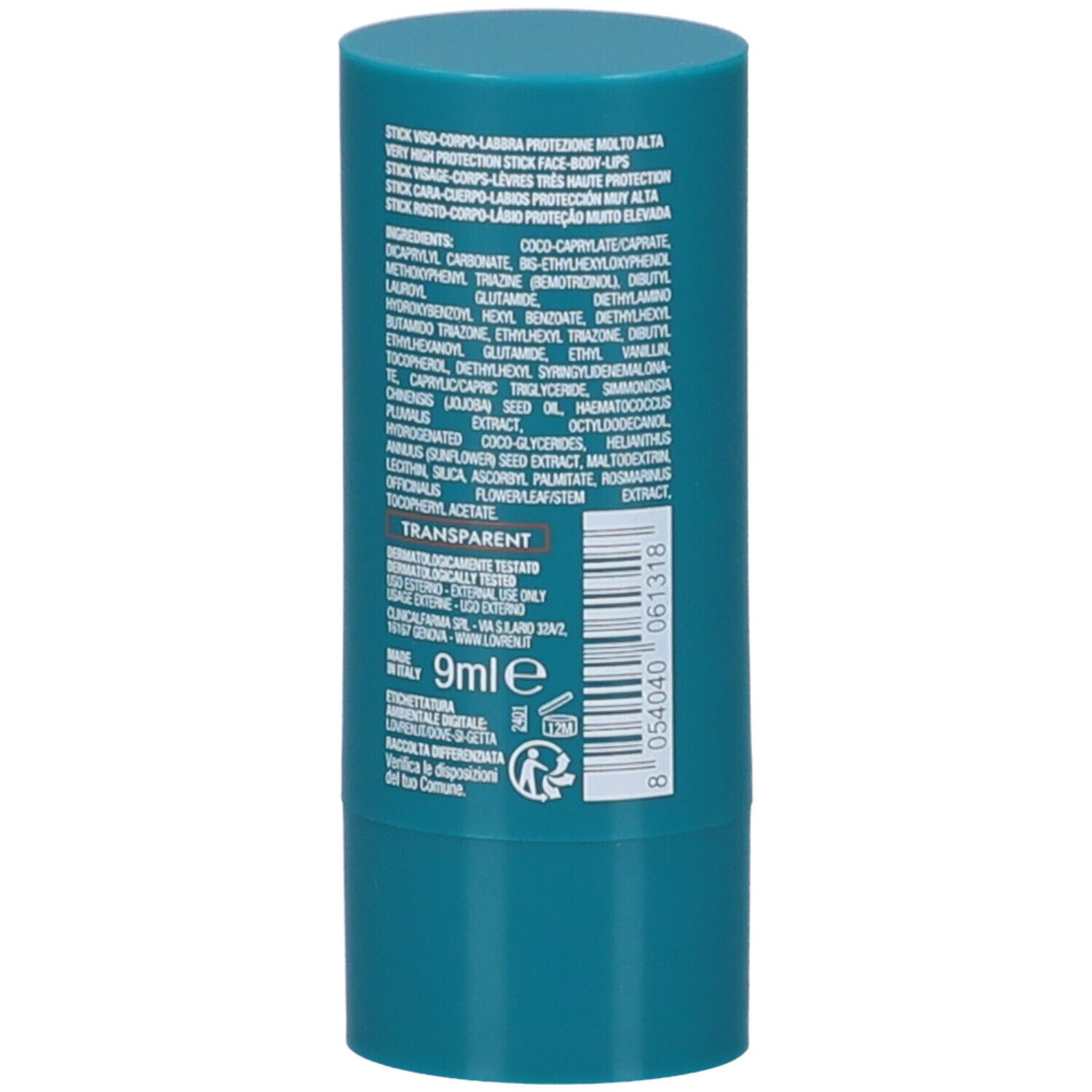 Retro dello stick. Contiene ingredienti e testo in italiano. Volume: 9ml.