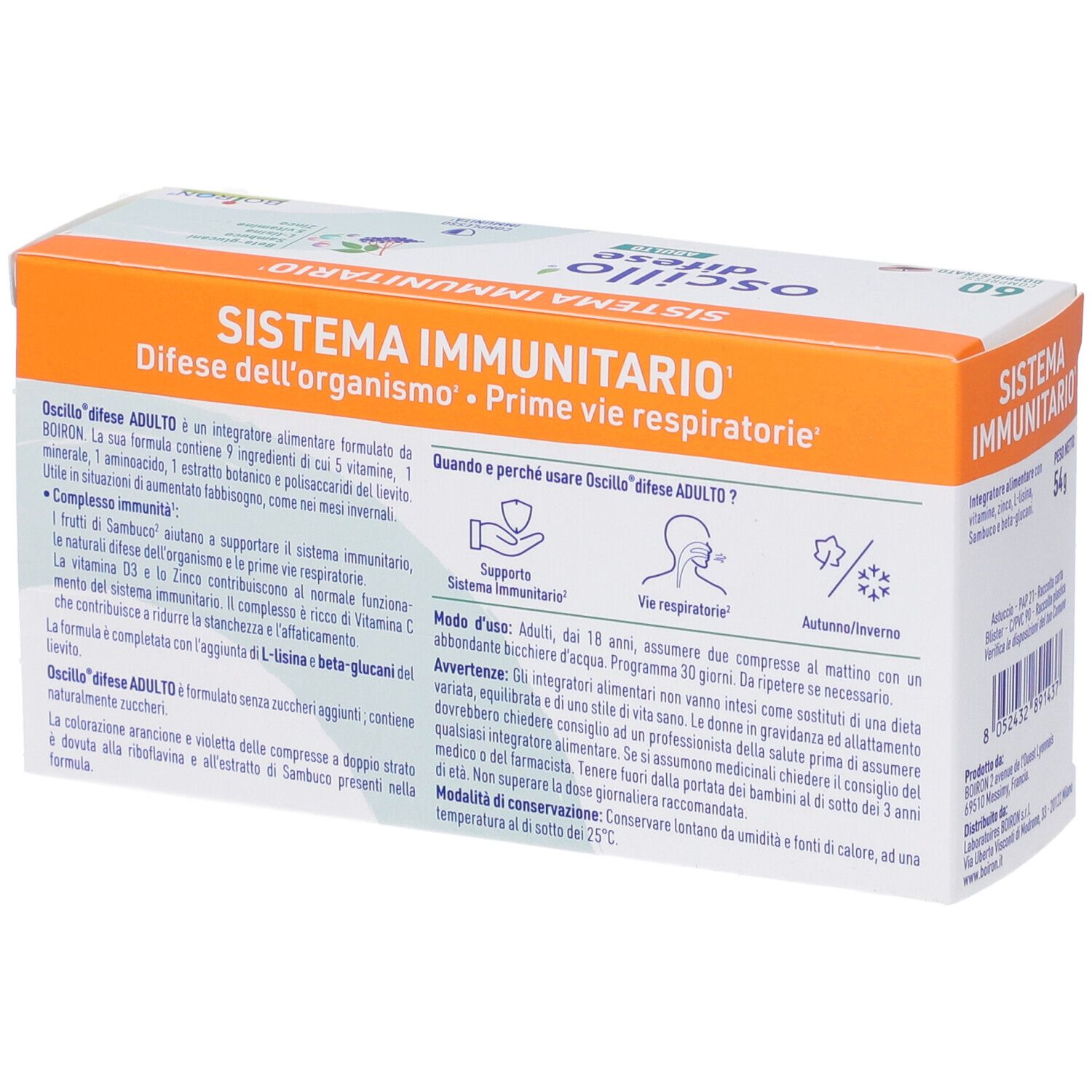 Retro della confezione 'Oscillo difese ADULTO'. Testo su ingredienti e uso.
