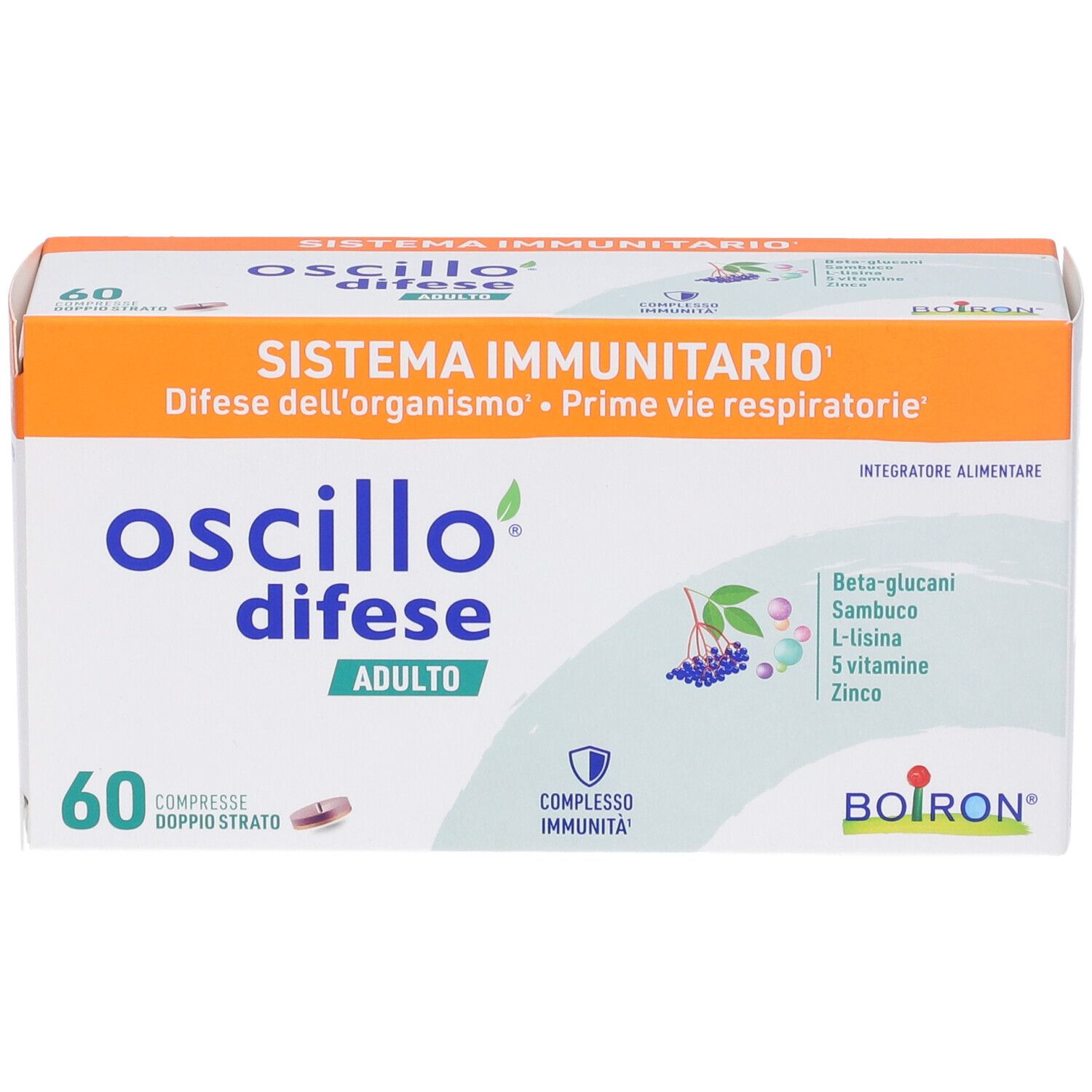 Scatola 'Oscillo difese ADULTO' con 60 compresse. Marchio Boiron. Vista frontale.