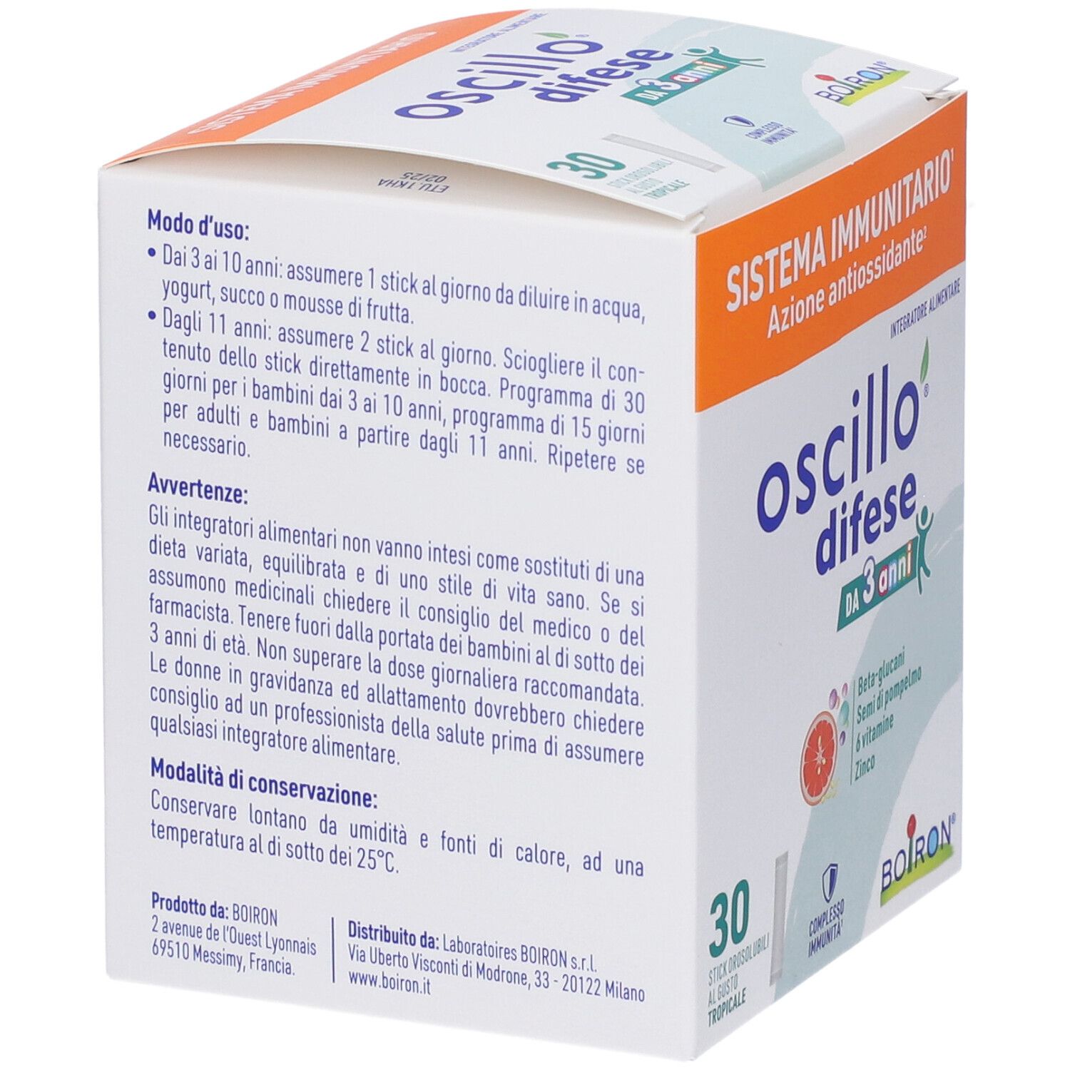 Retro della confezione del prodotto. Contiene informazioni sull'uso e avvertenze. Marchio Boiron.