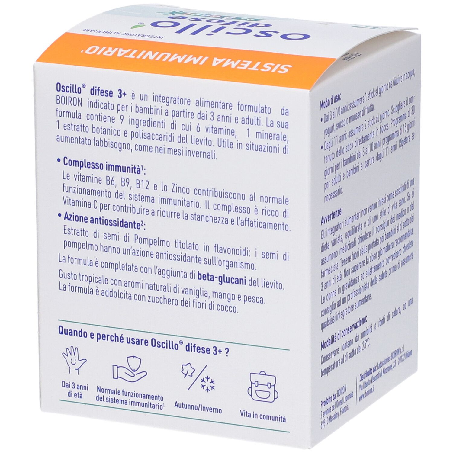 Vista laterale della confezione del prodotto. Contiene informazioni sugli ingredienti e l'uso. Marchio Boiron.