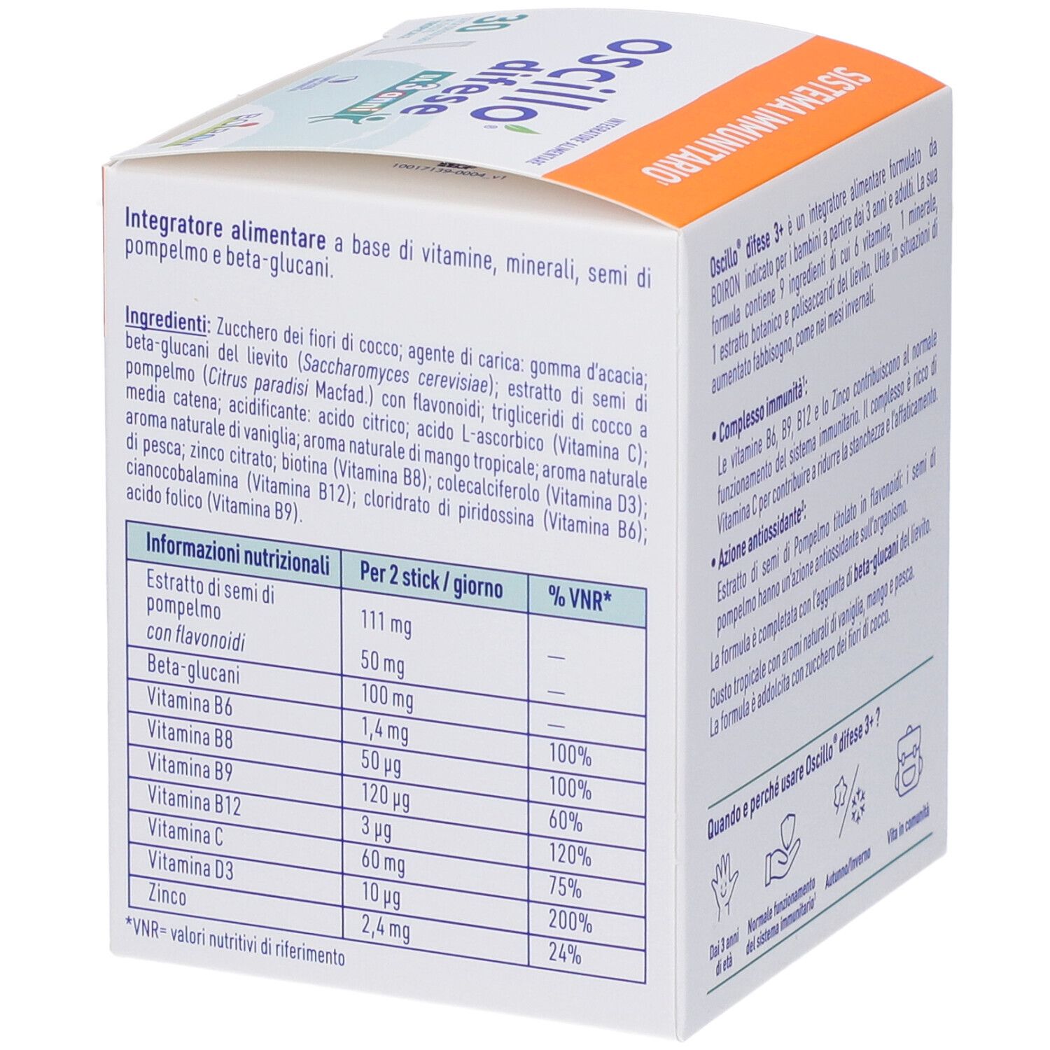 Vista laterale della confezione del prodotto. Contiene informazioni nutrizionali. Marchio Boiron.