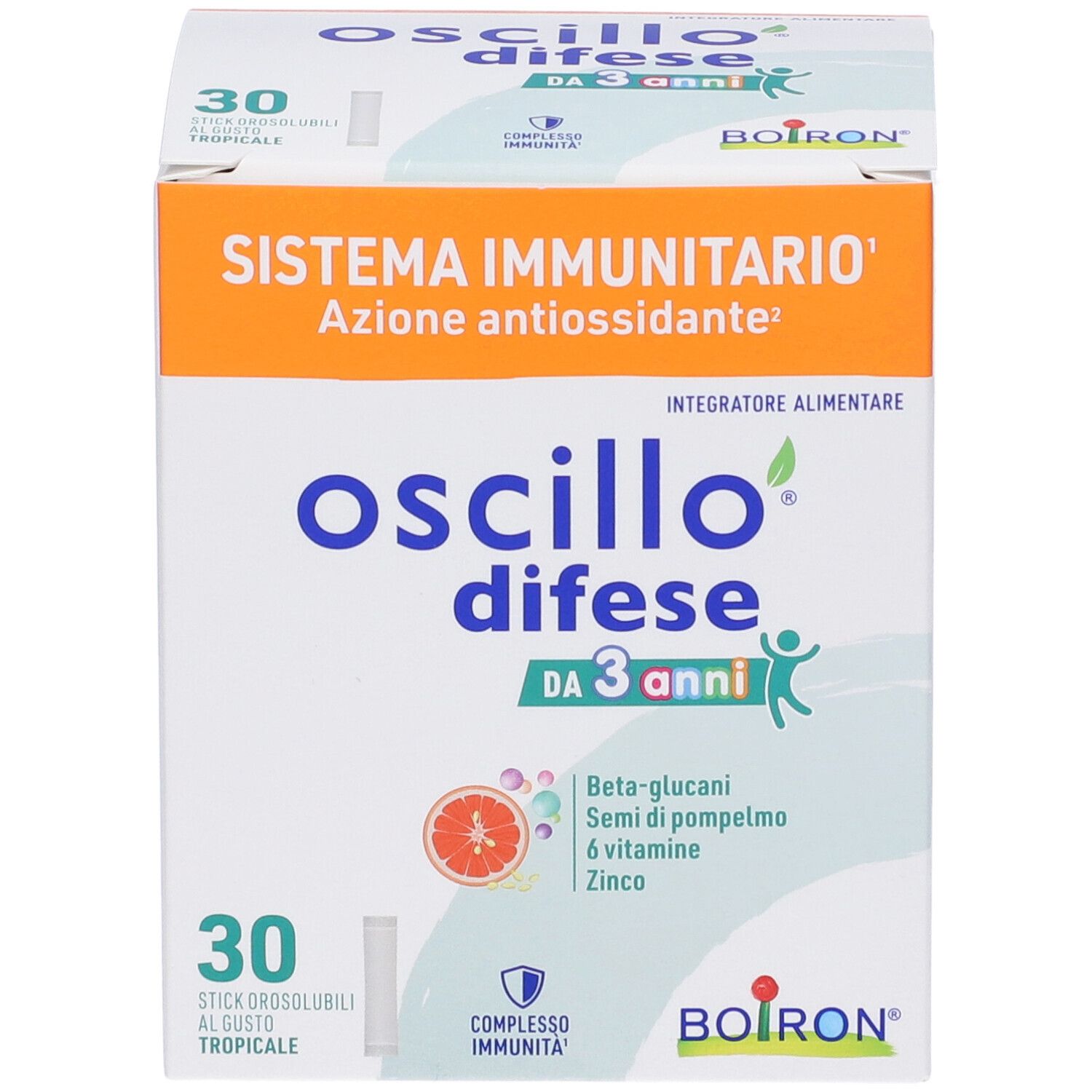 Confezione del prodotto con nome e ingredienti. Contiene 30 stick. Marchio Boiron. Sfondo arancione.