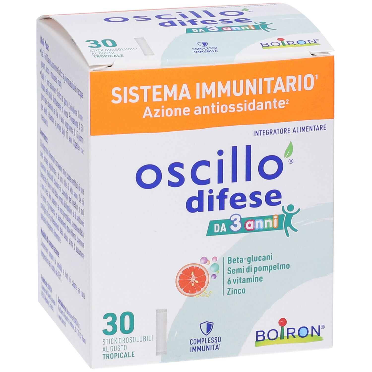 Confezione del prodotto con nome e ingredienti. Contiene 30 stick. Marchio Boiron. Sfondo arancione.