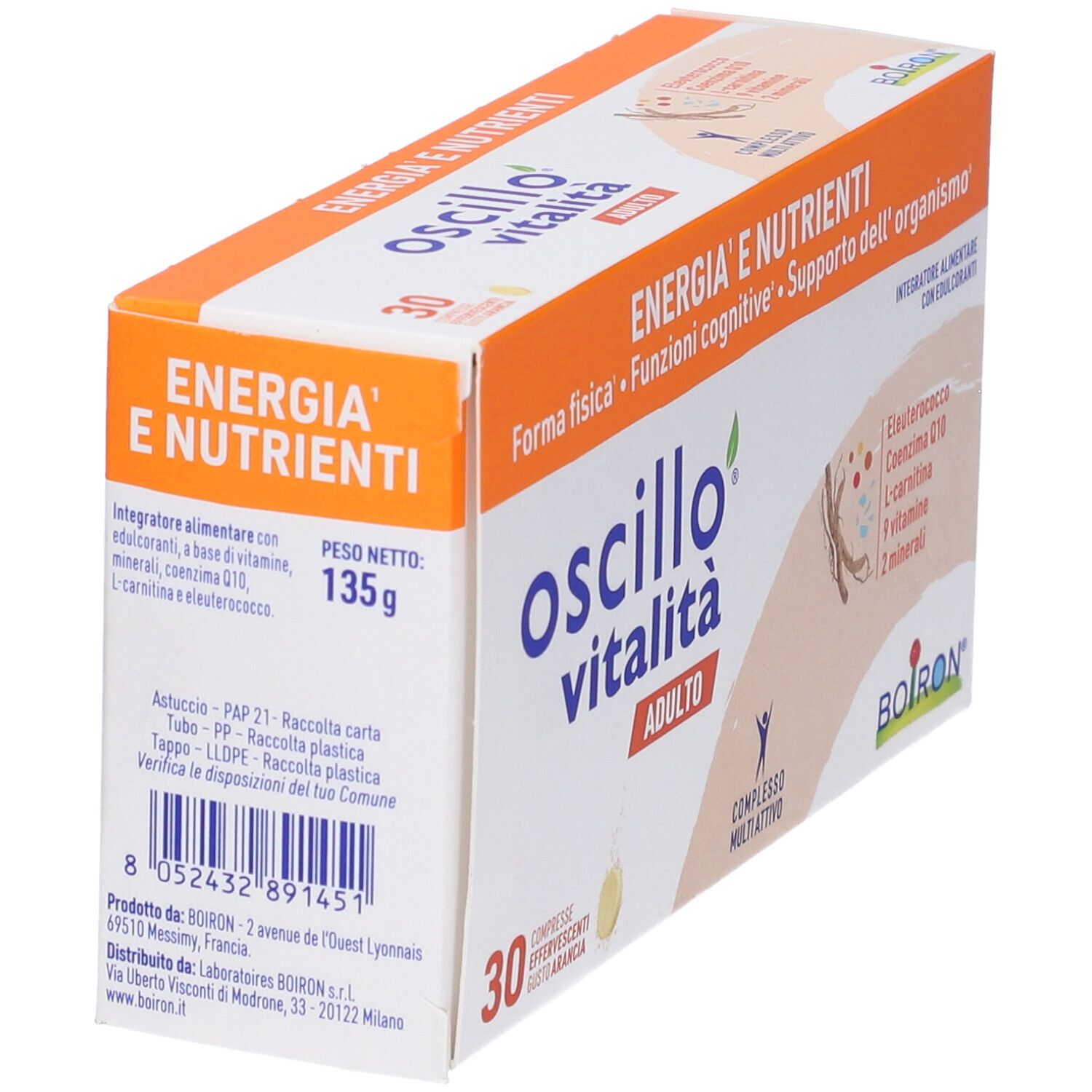 Scatola con informazioni sul prodotto. Peso 135g. Ingredienti e indirizzo del produttore. Marchio Boiron.