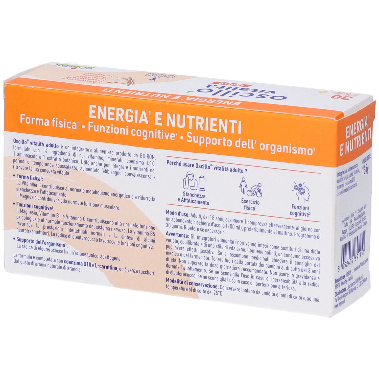 Retro della scatola con informazioni sul prodotto. Testo sull'uso e sugli ingredienti. Marchio Boiron.