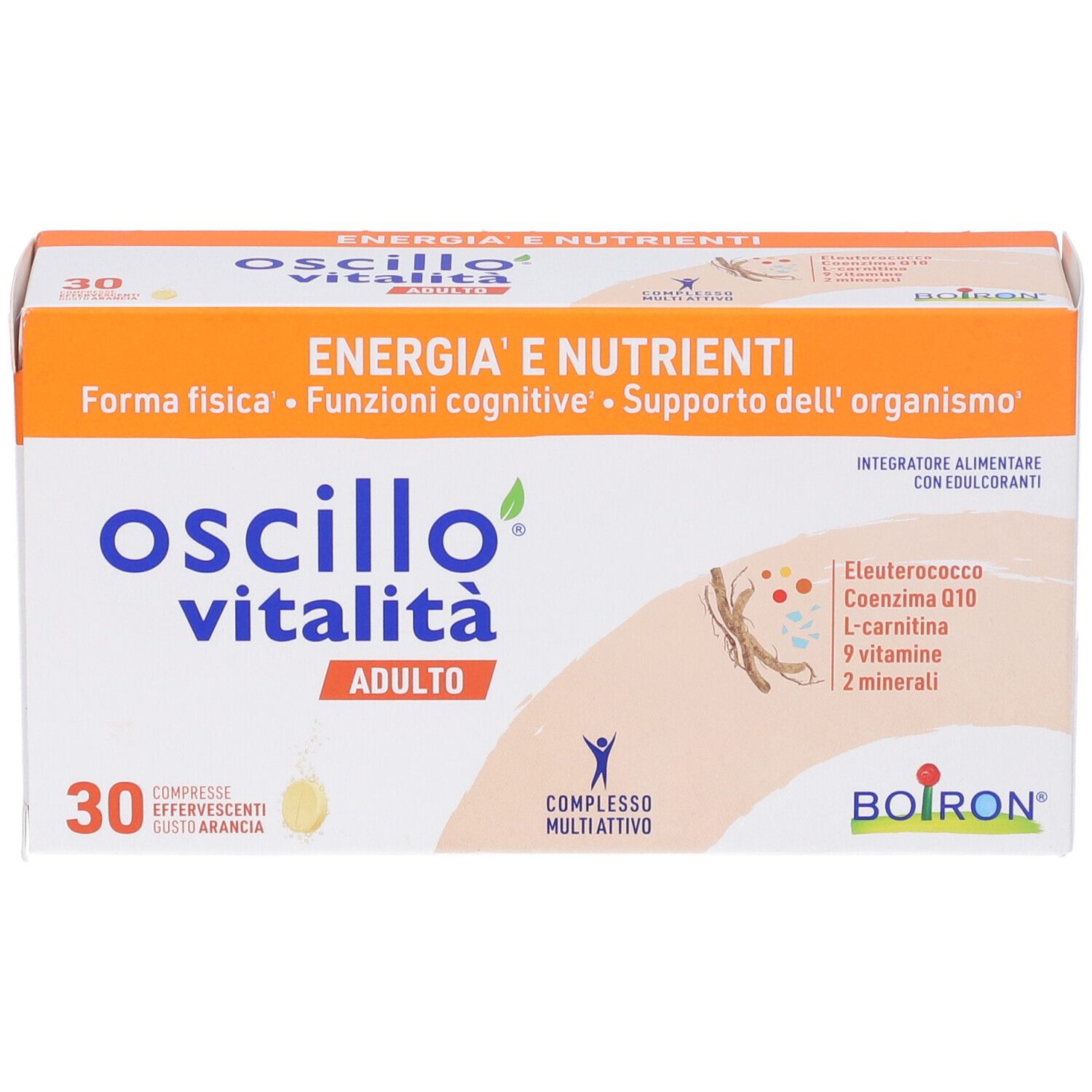 Scatola bianca e arancione con nome del prodotto e ingredienti. 30 compresse effervescenti. Marchio Boiron.