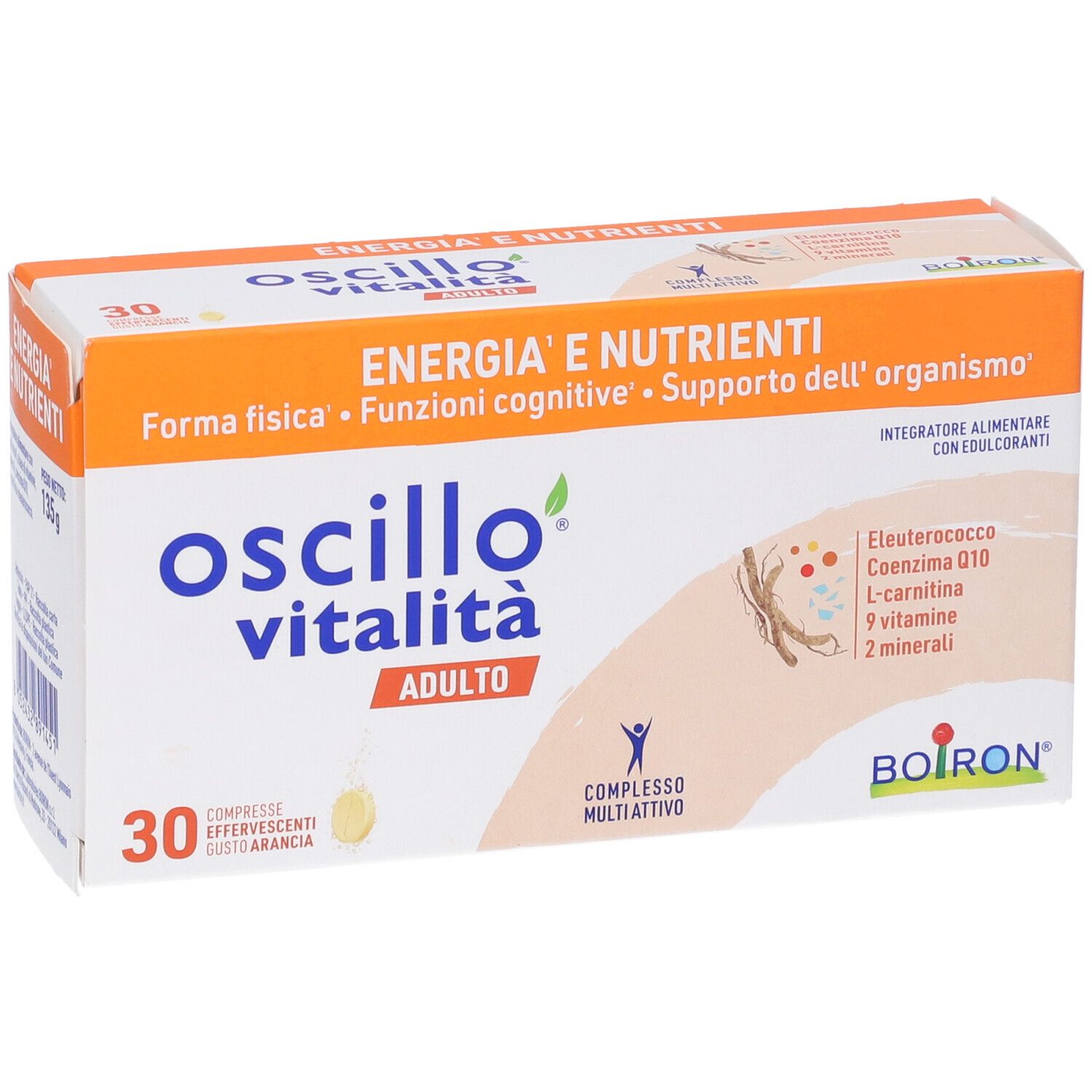 Scatola bianca e arancione con nome del prodotto e ingredienti. 30 compresse effervescenti. Marchio Boiron.