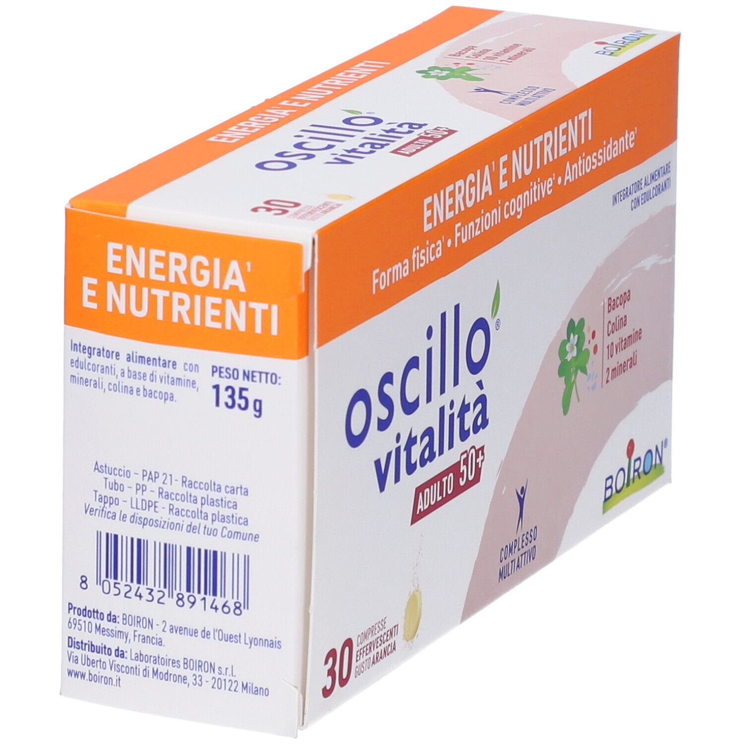 Scatola con nome e logo del prodotto. 30 compresse effervescenti. Testo e ingredienti. Marchio Boiron. Peso 135g.