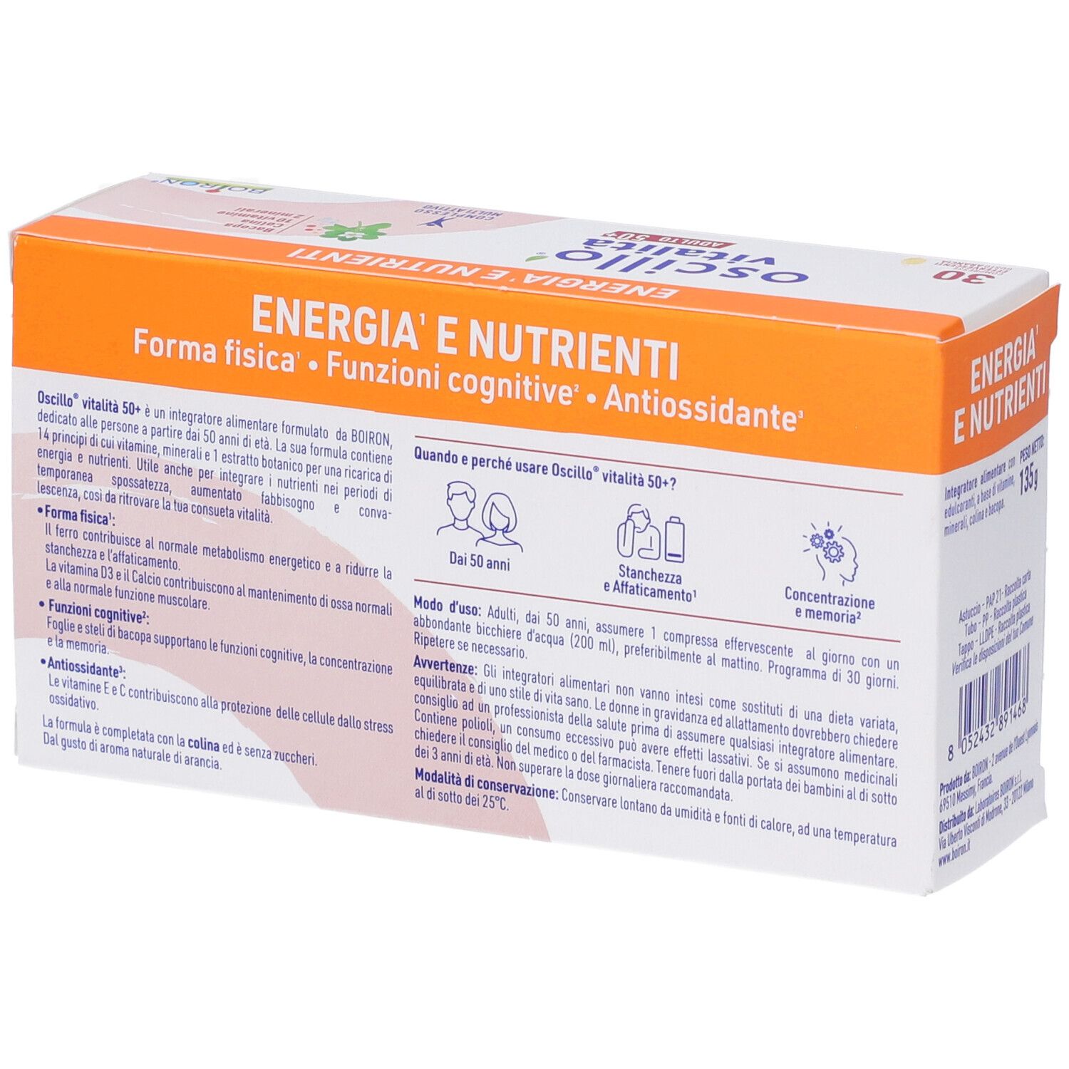 Retro della scatola con informazioni sul prodotto. Testo su ingredienti e utilizzo. Marchio Boiron. Contiene 30 compresse.