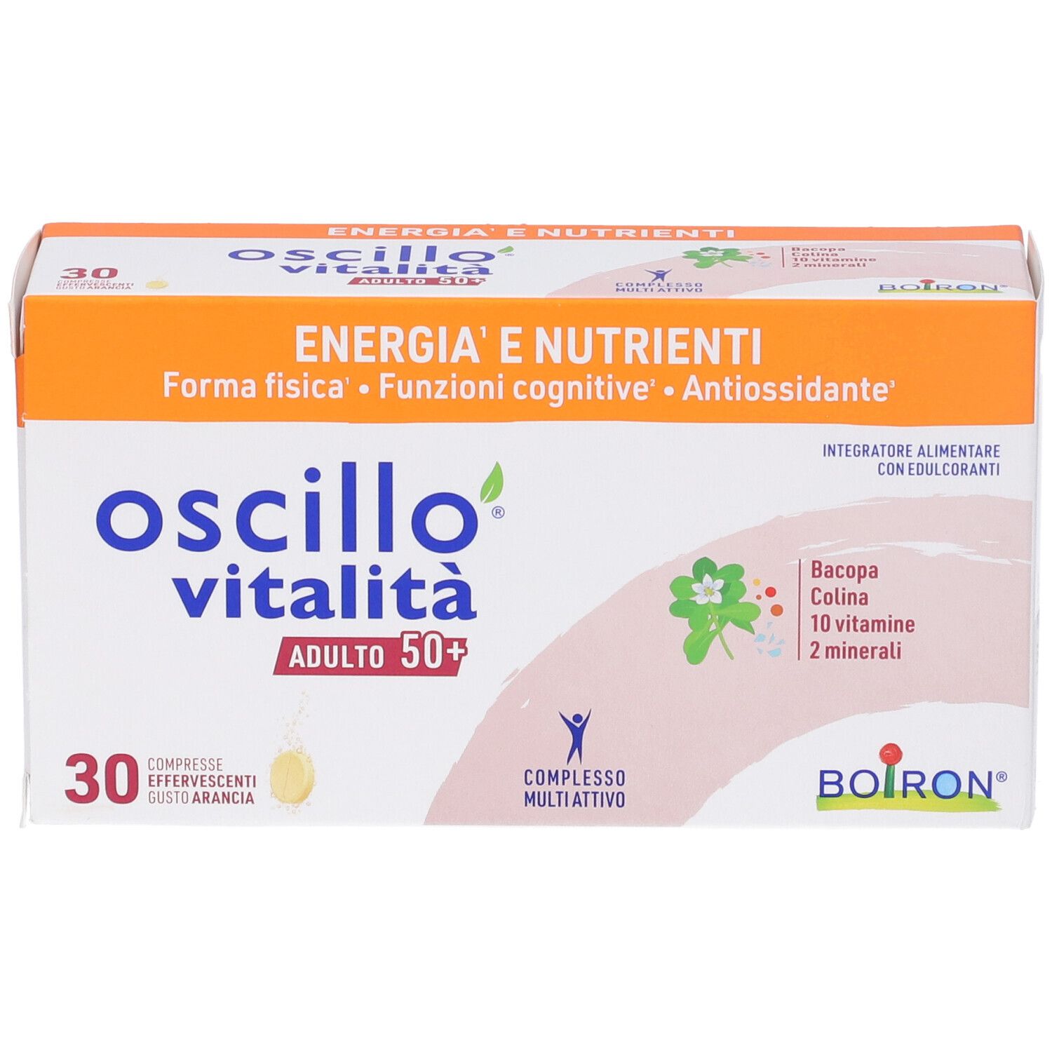 Scatola di compresse effervescenti. Nome e logo del prodotto visibili. 30 compresse. Coperchio arancione con testo. Marchio Boiron.