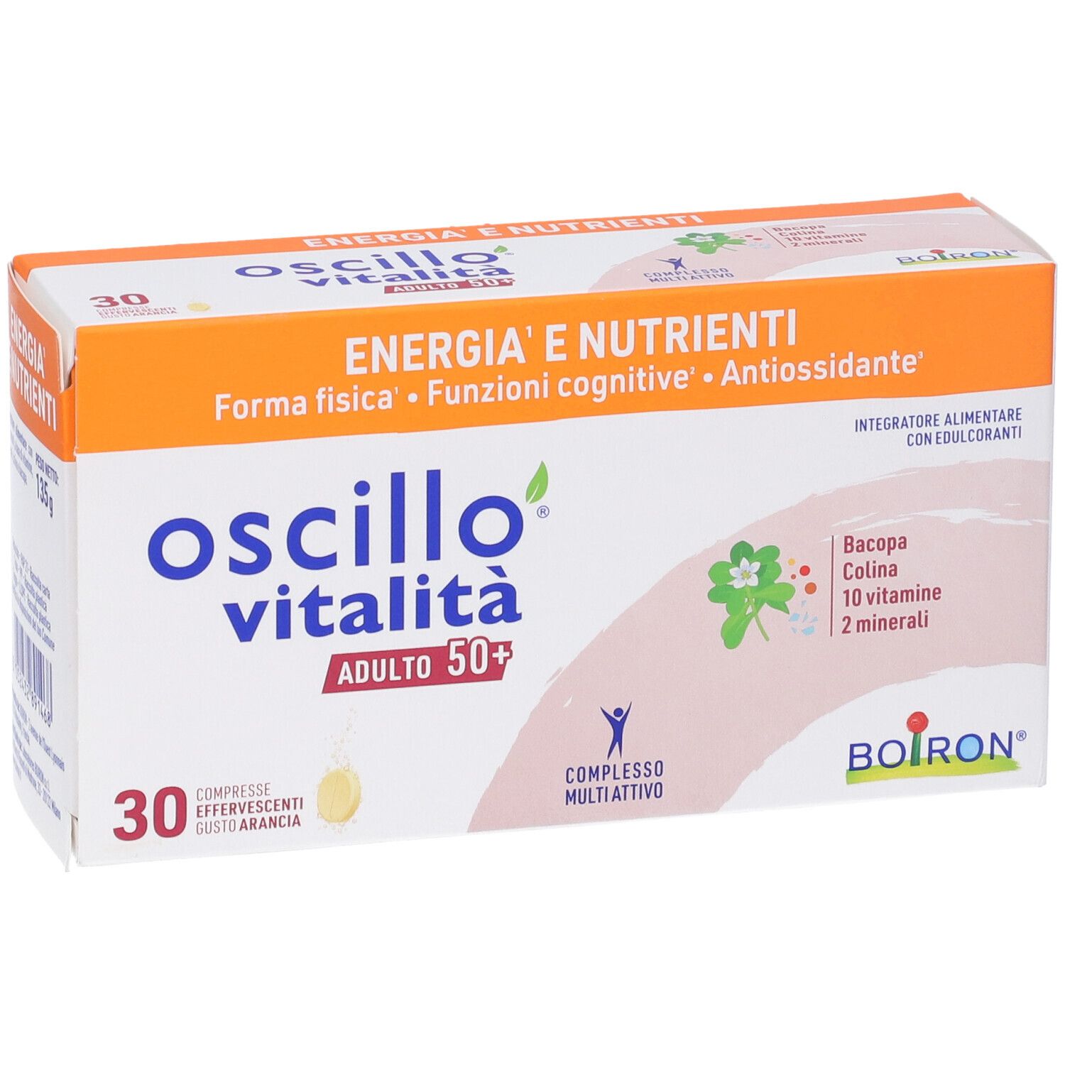 Scatola di compresse effervescenti. Nome e logo del prodotto visibili. 30 compresse. Coperchio arancione con testo. Marchio Boiron.