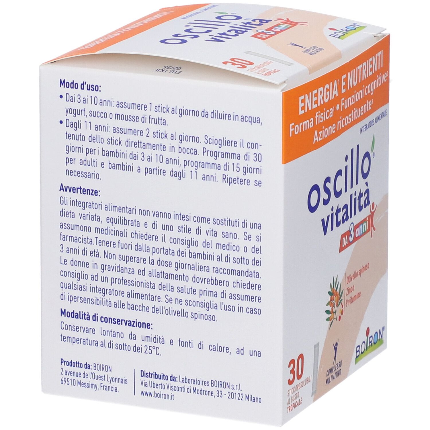 Lato scatola Boiron Oscillo Vitalità da 3 Anni. Testo su uso e ingredienti.