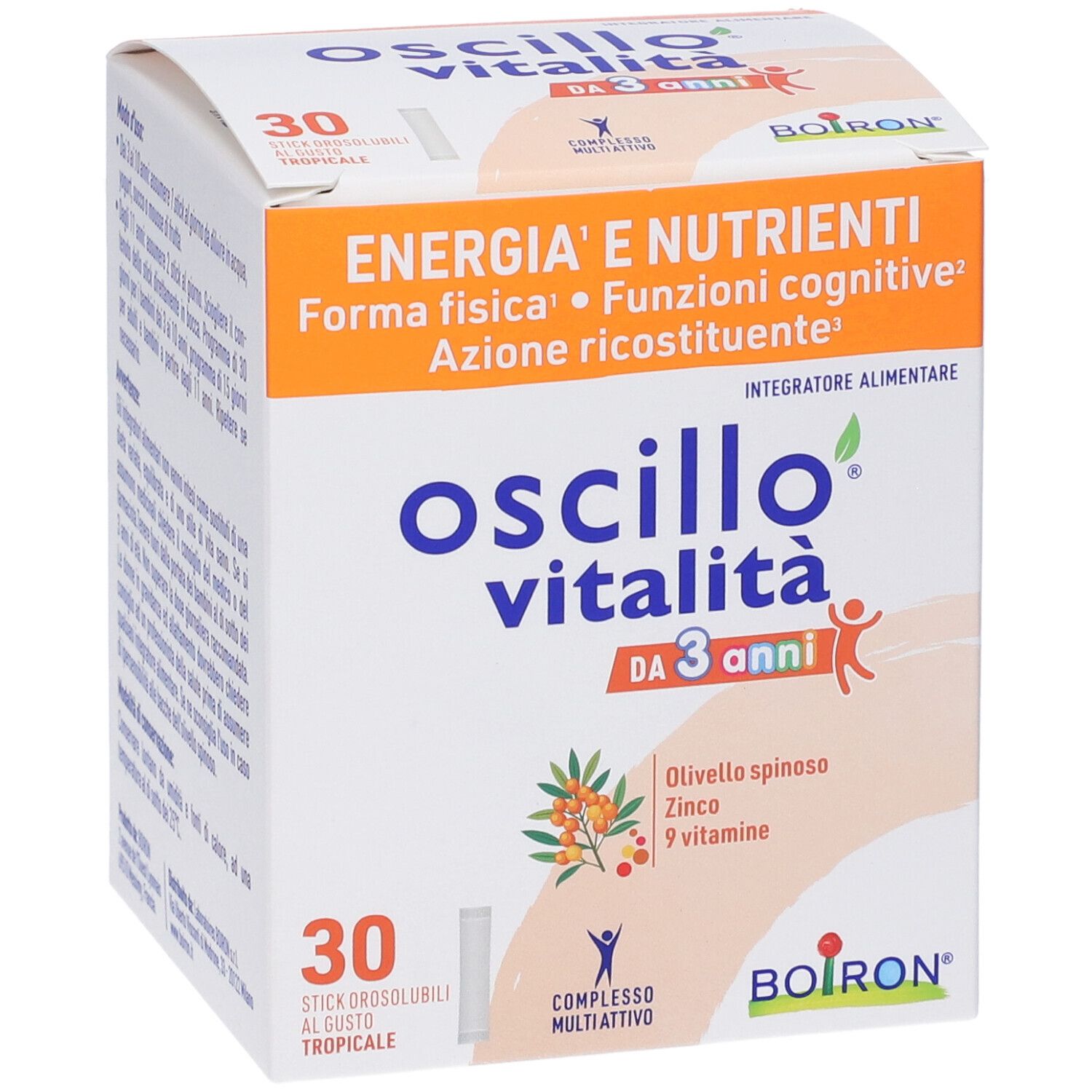 Vista frontale della confezione Boiron Oscillo Vitalità da 3 Anni. 30 stick, scritta 'Energia e Nutrienti'.