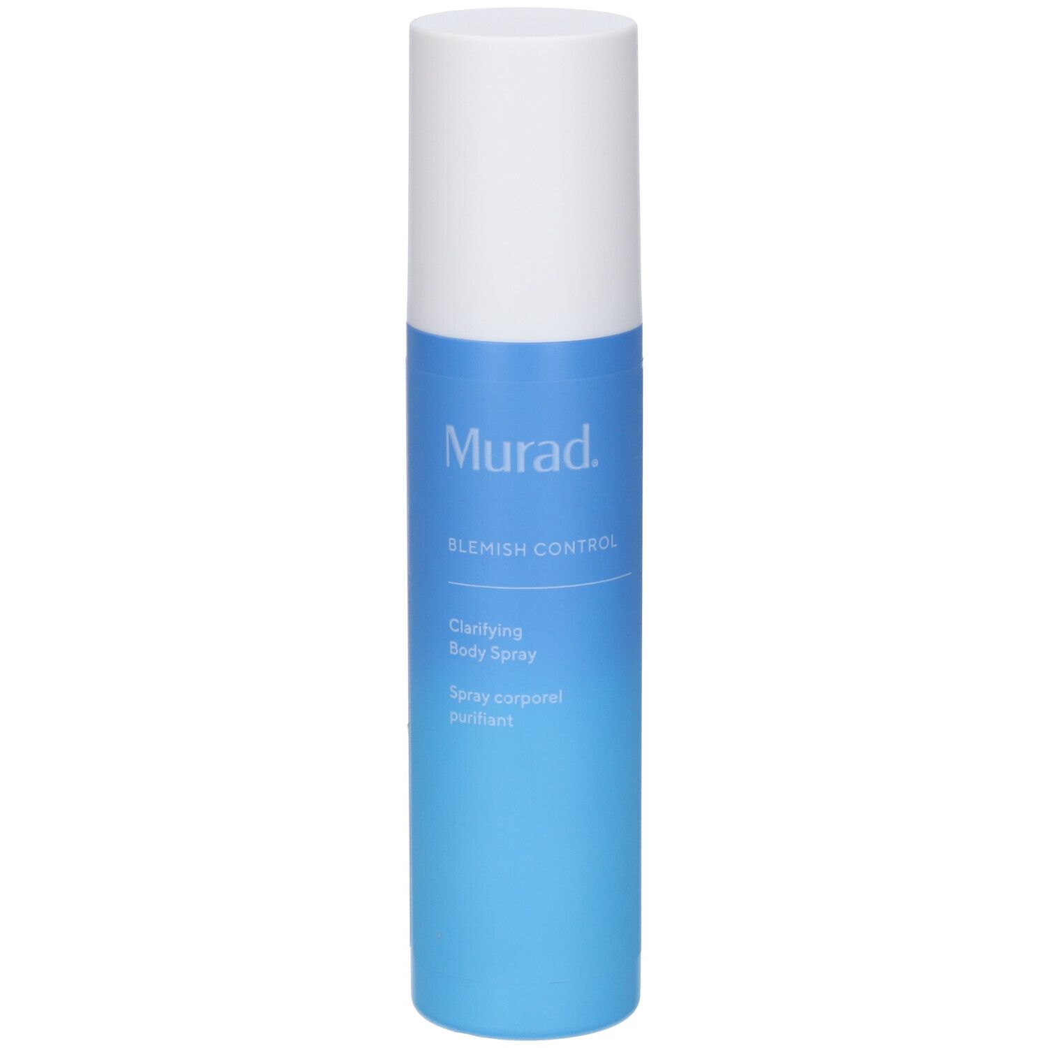 Flacone spray blu e bianco. Scritta: Murad, Blemish Control, Clarifying Body Spray. Flacone in piedi.