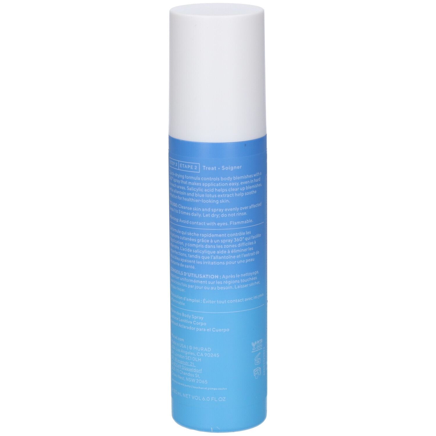 Flacone spray blu e bianco. Scritta: Murad, Blemish Control, Clarifying Body Spray. Flacone in piedi.