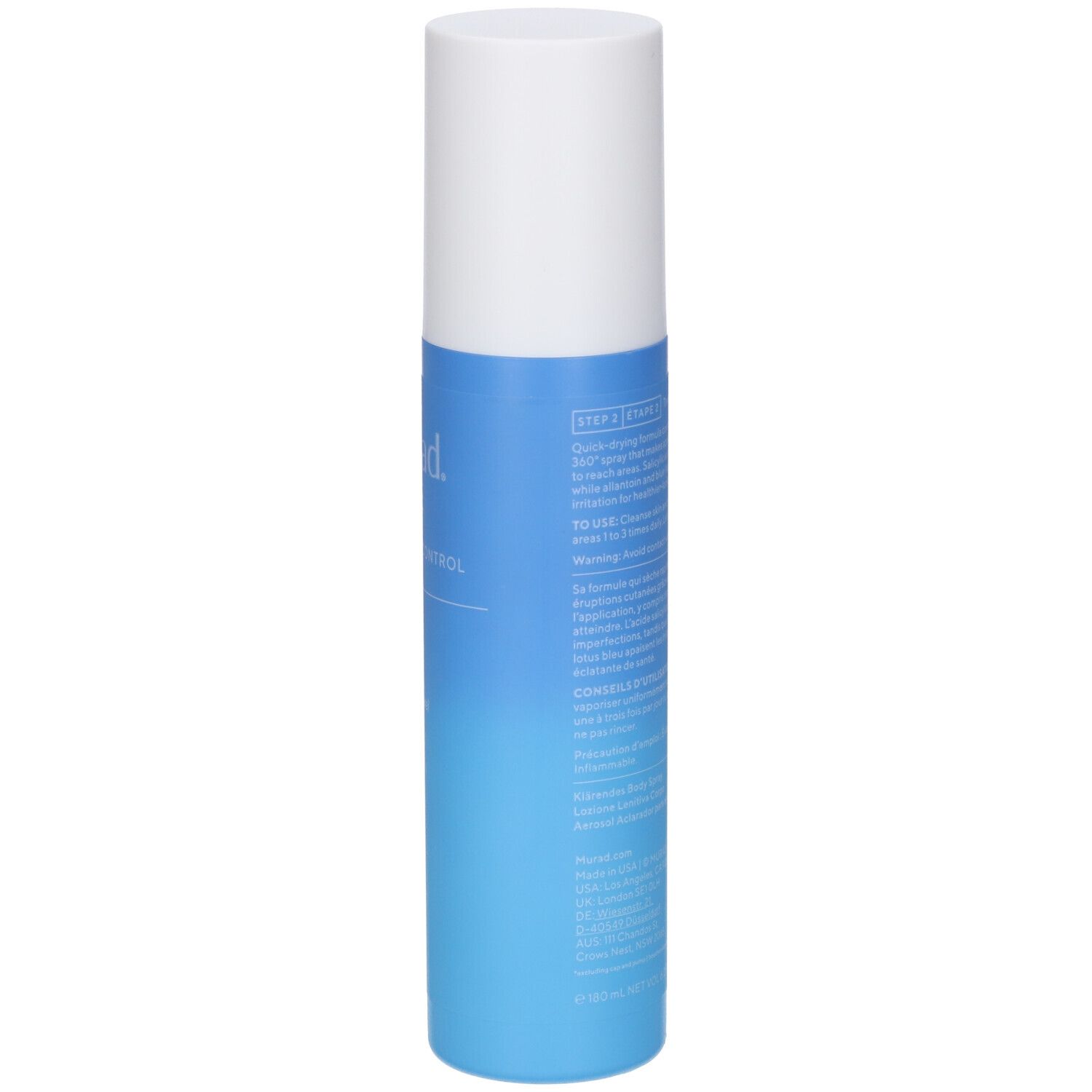 Flacone spray blu e bianco. Scritta: Murad, Blemish Control, Clarifying Body Spray. Flacone in piedi.