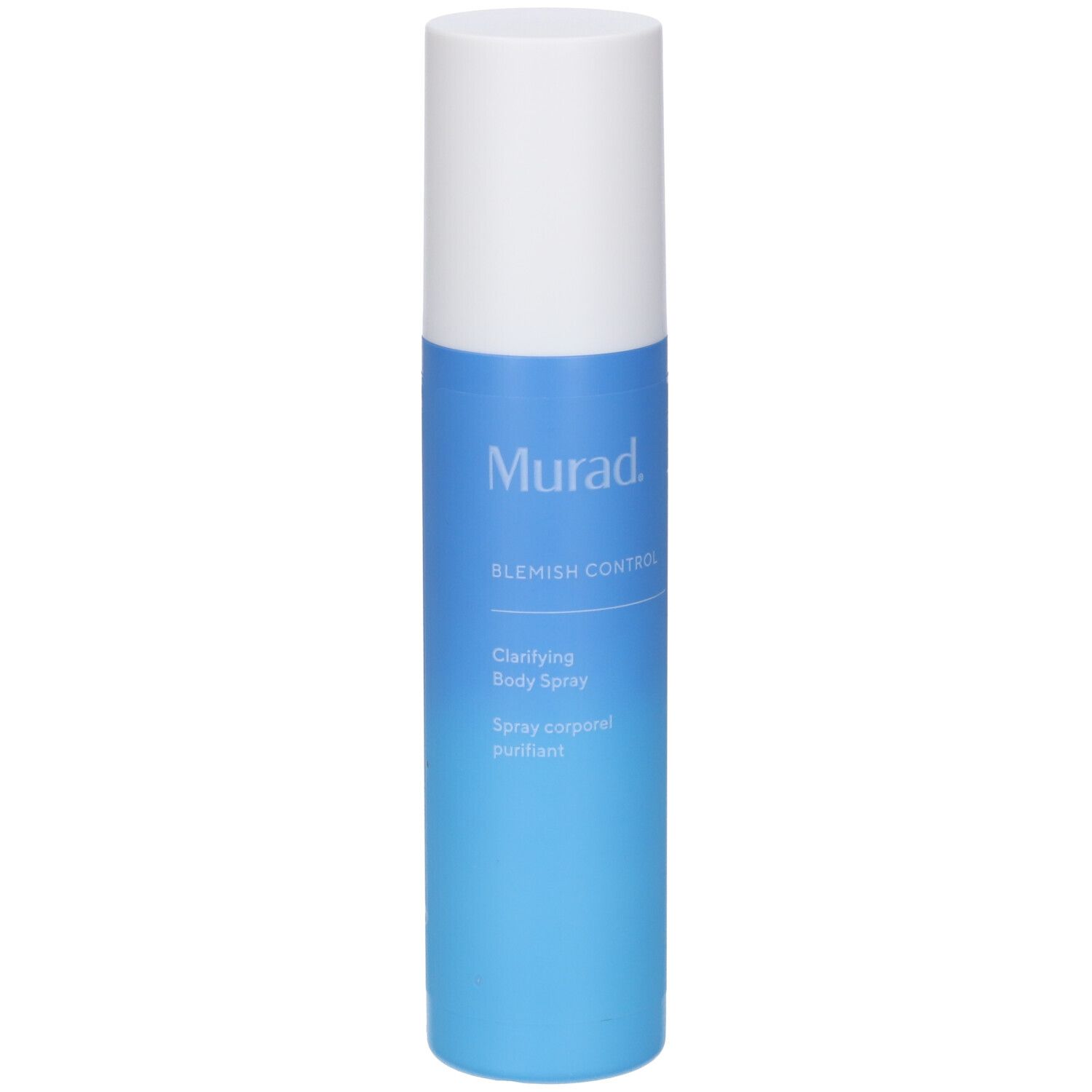 Flacone spray blu e bianco. Scritta: Murad, Blemish Control, Clarifying Body Spray. Flacone in piedi.