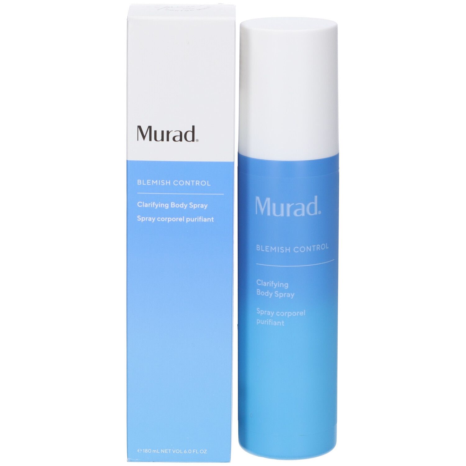 Confezione e flacone spray. Scritta: Murad, Blemish Control, Clarifying Body Spray.
