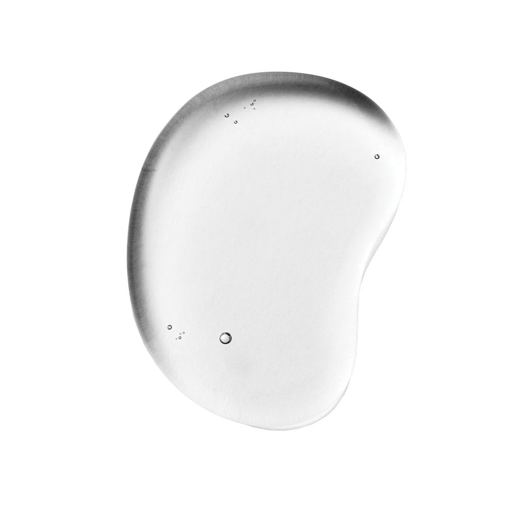 Liquido trasparente a forma di goccia su sfondo bianco. Visibili alcune piccole bolle.