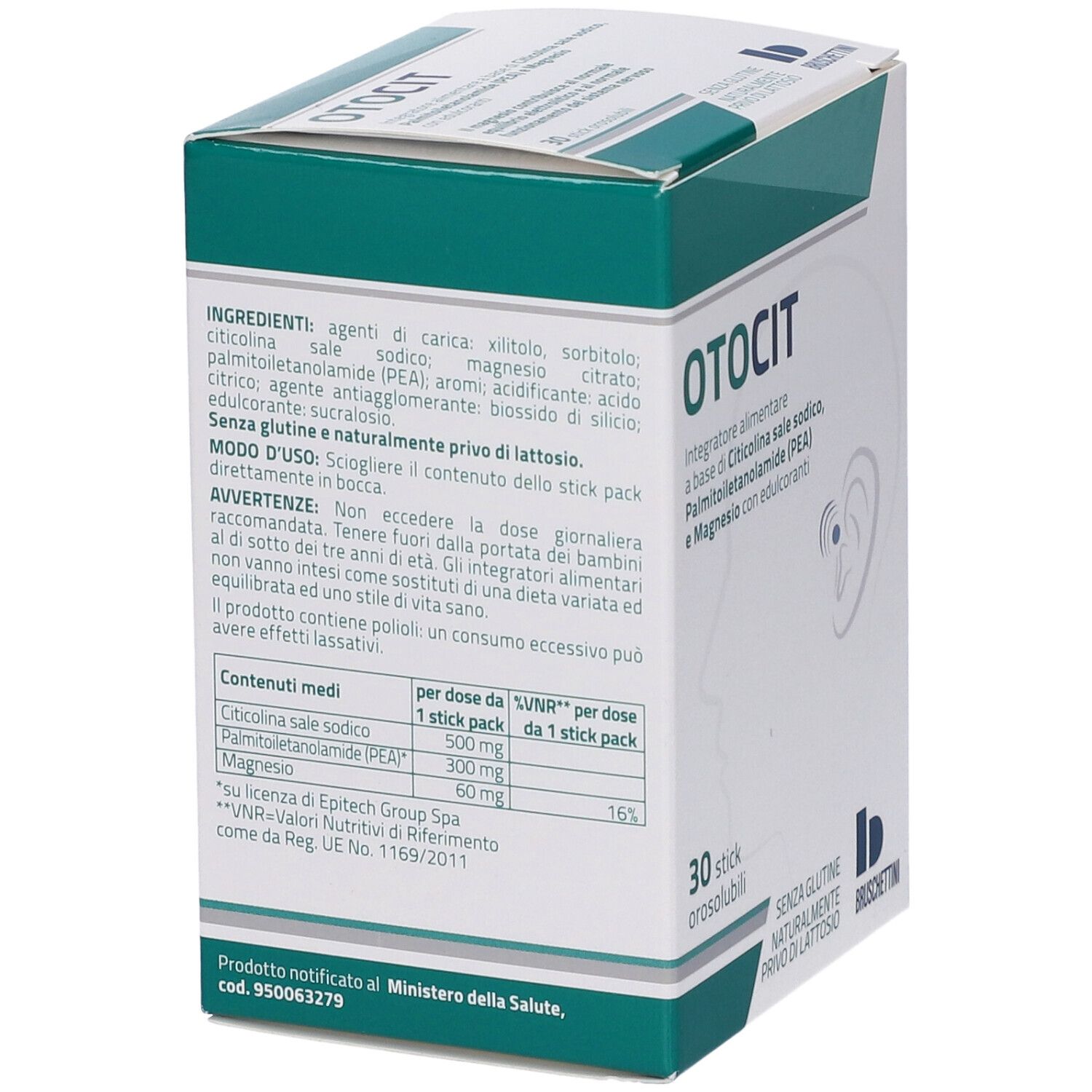 Retro della confezione di Otocit Stickpack. Ingredienti, modo d'uso, avvertenze e informazioni nutrizionali. 30 stick.