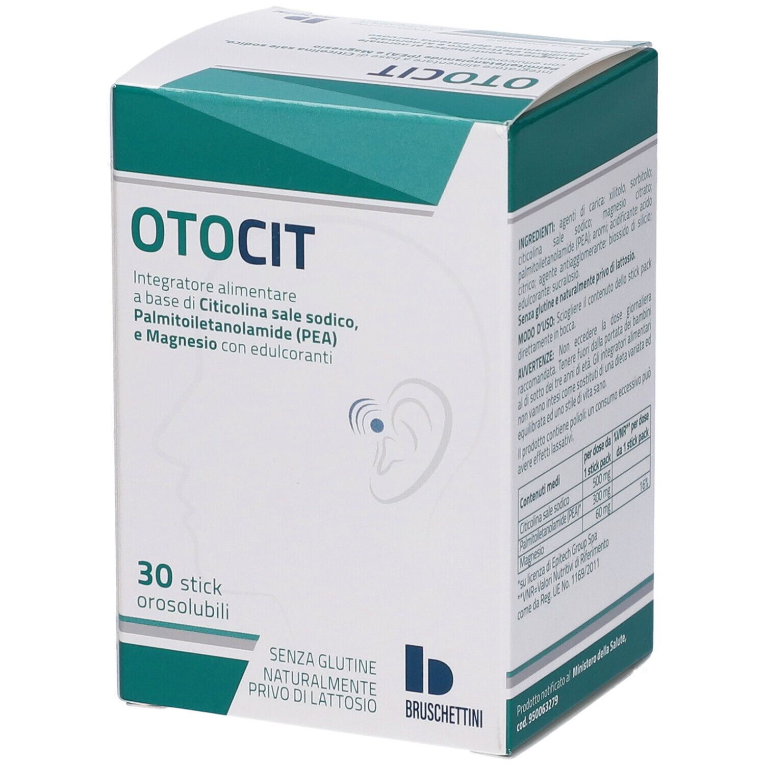 Confezione di Otocit Stickpack. Bianca e verde, con nome del prodotto e ingredienti. 30 stick, senza glutine, senza lattosio.