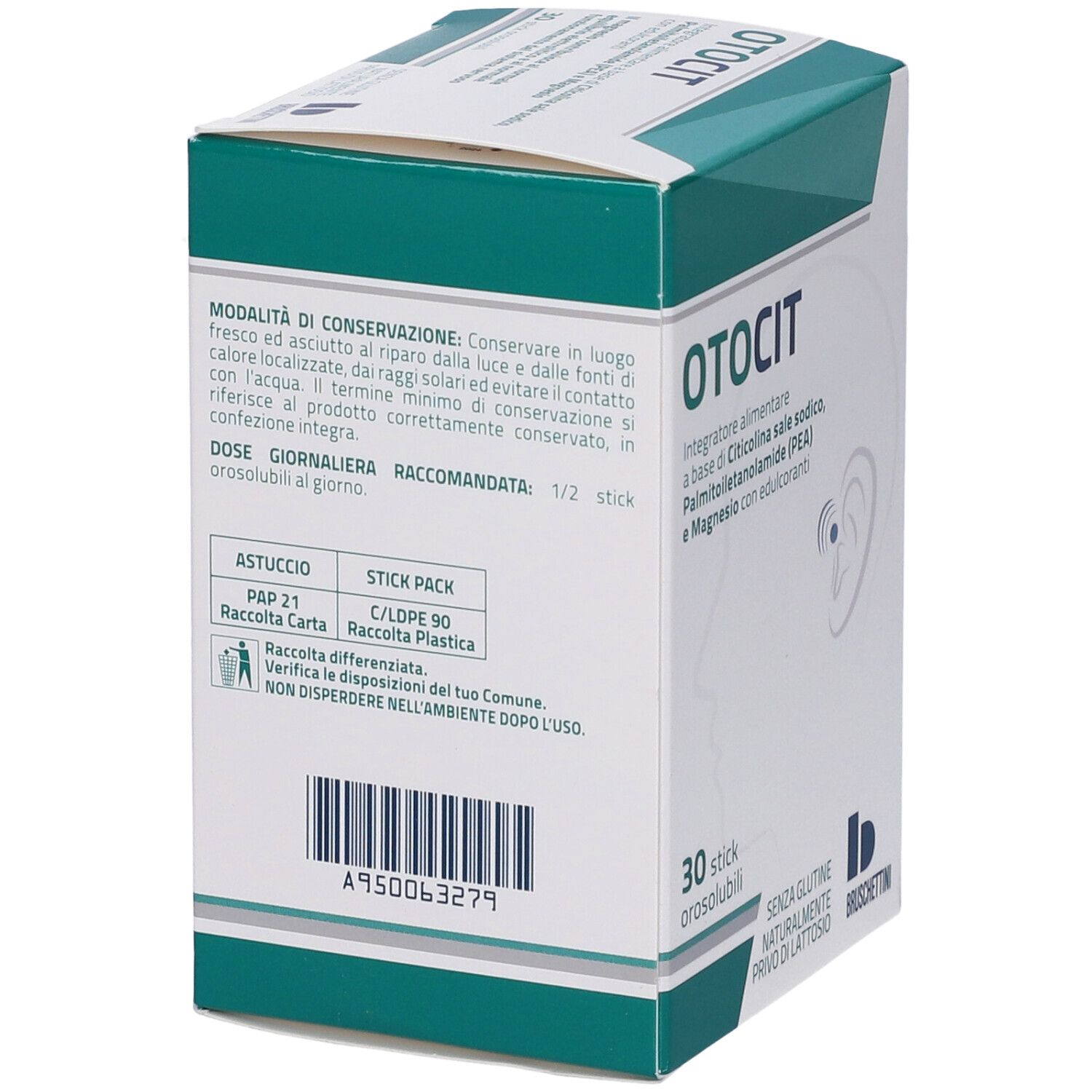 Confezione di Otocit Stickpack. Bianca e verde, con nome del prodotto e ingredienti. 30 stick, senza glutine, senza lattosio.