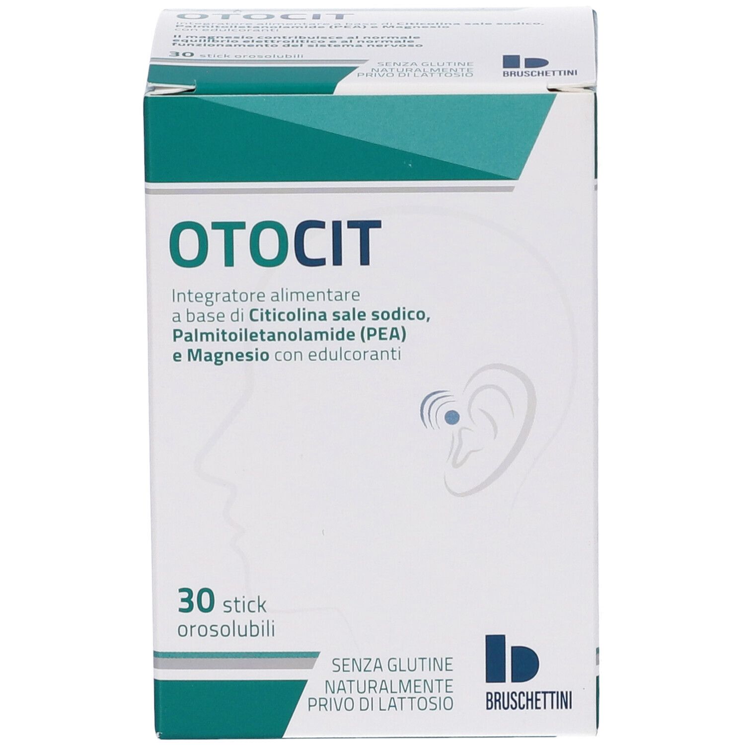Confezione di Otocit Stickpack. Bianca e verde, con nome del prodotto e ingredienti. 30 stick, senza glutine, senza lattosio.