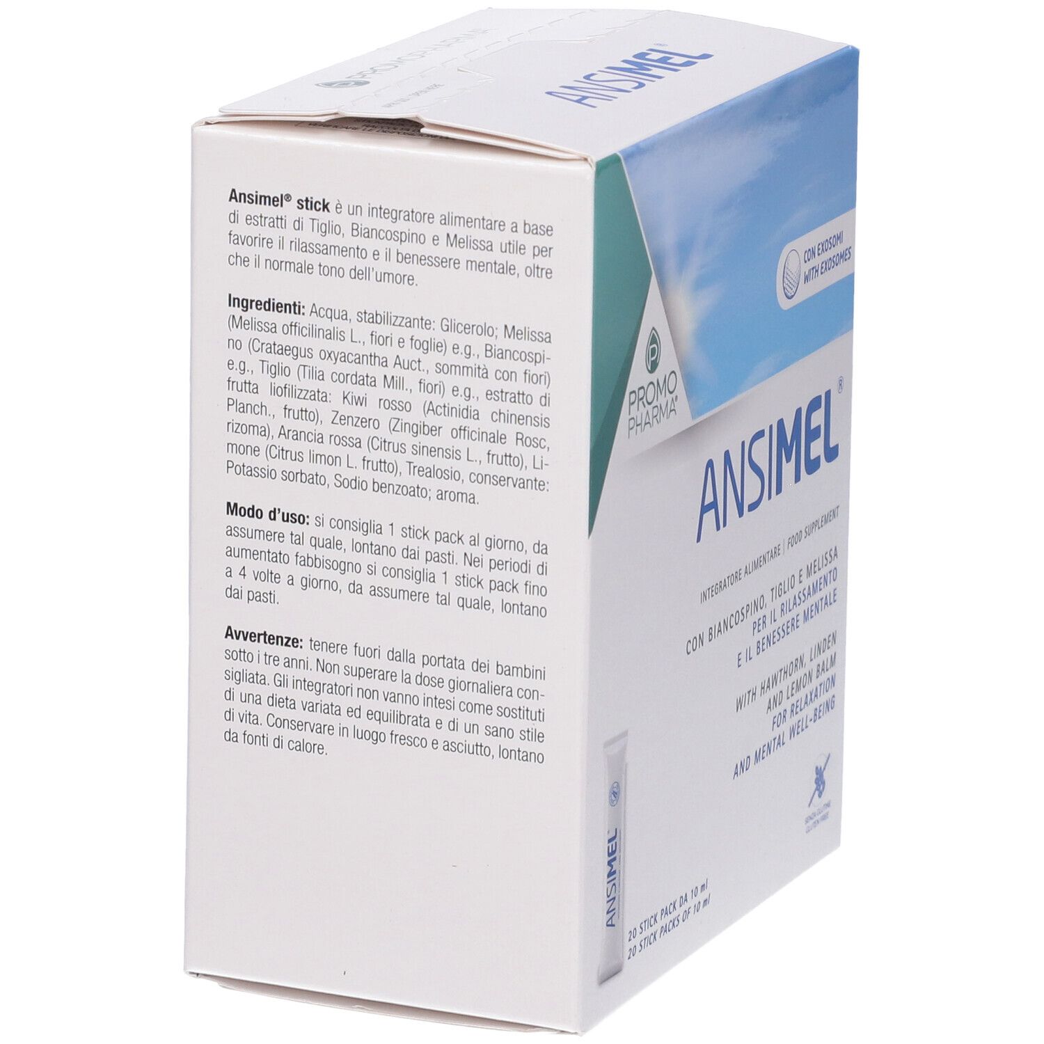Scatola ANSIMEL 20STICK, vista laterale. Testo: ingredienti, istruzioni per l'uso. Logo Promo Pharma. 20 stick.