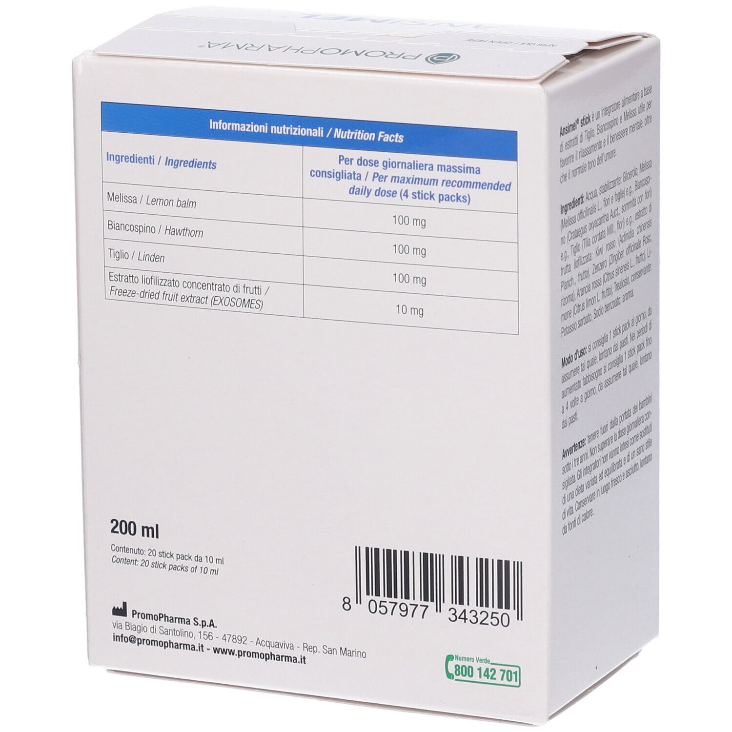 Scatola ANSIMEL 20STICK, retro. Informazioni nutrizionali. 200 ml. Logo Promo Pharma. Codice a barre.
