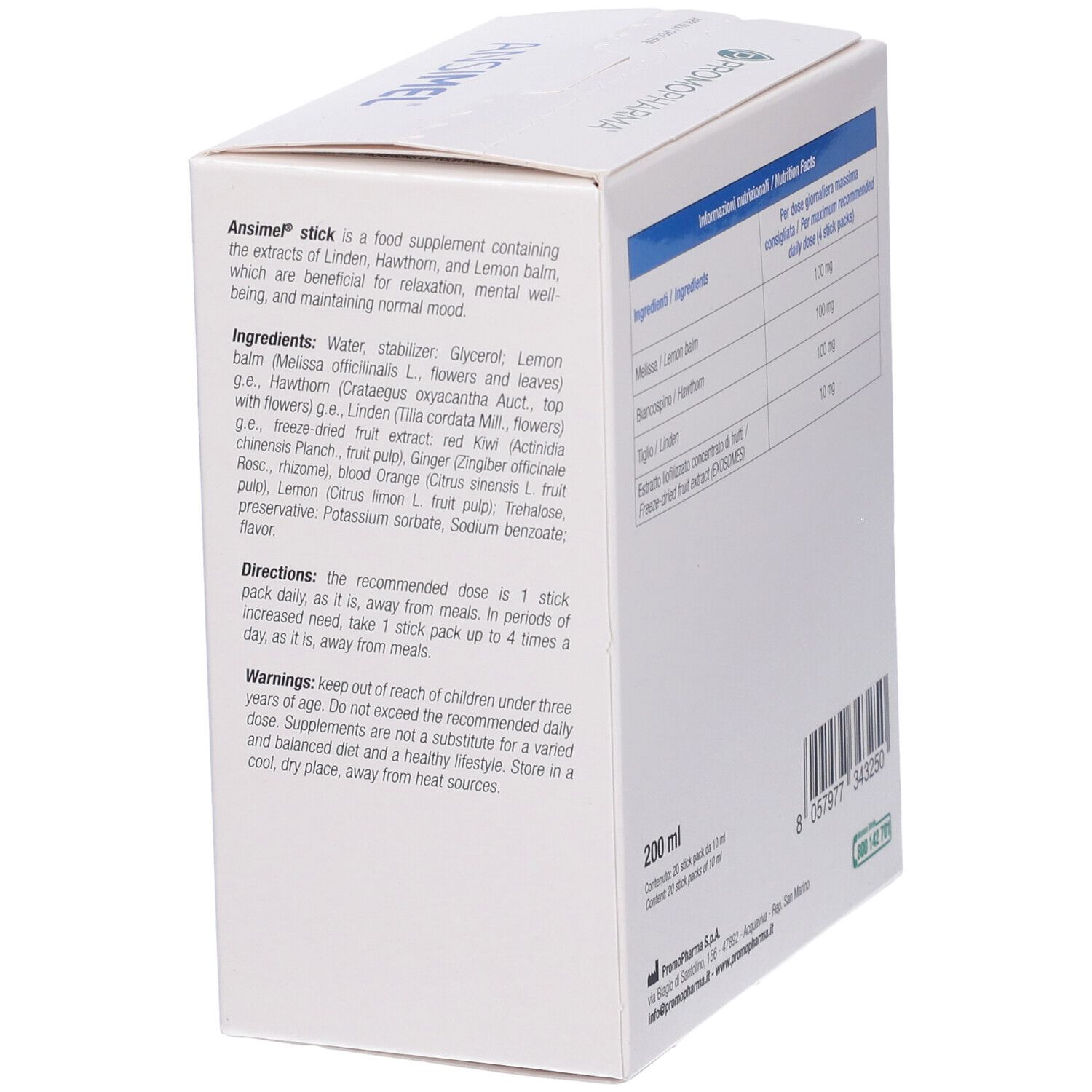 Scatola ANSIMEL 20STICK, vista laterale. Testo: ingredienti, istruzioni per l'uso. 200 ml.