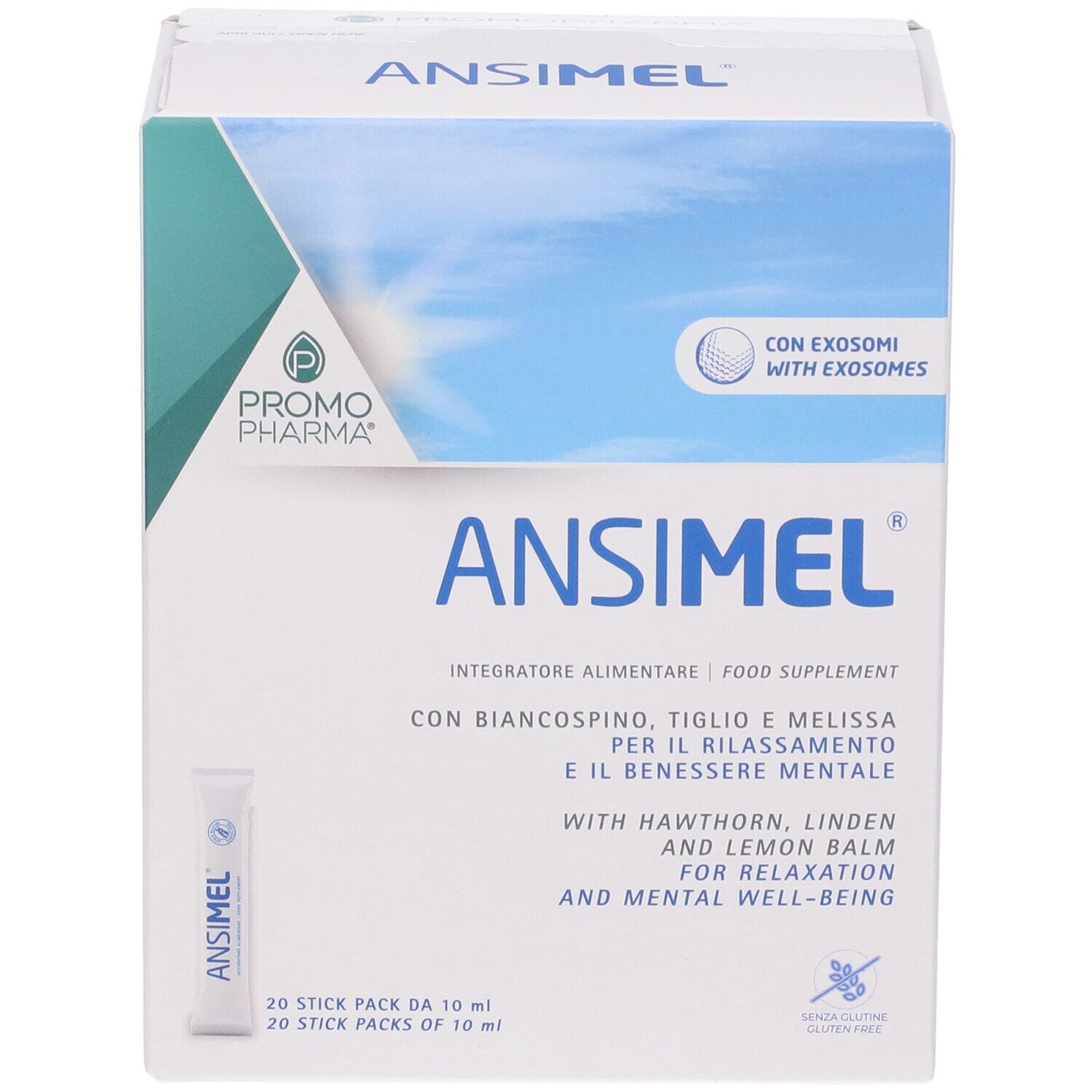 Scatola ANSIMEL 20STICK. Scritto: Promo Pharma, con biancospino, tiglio e melissa. Contiene 20 stick.