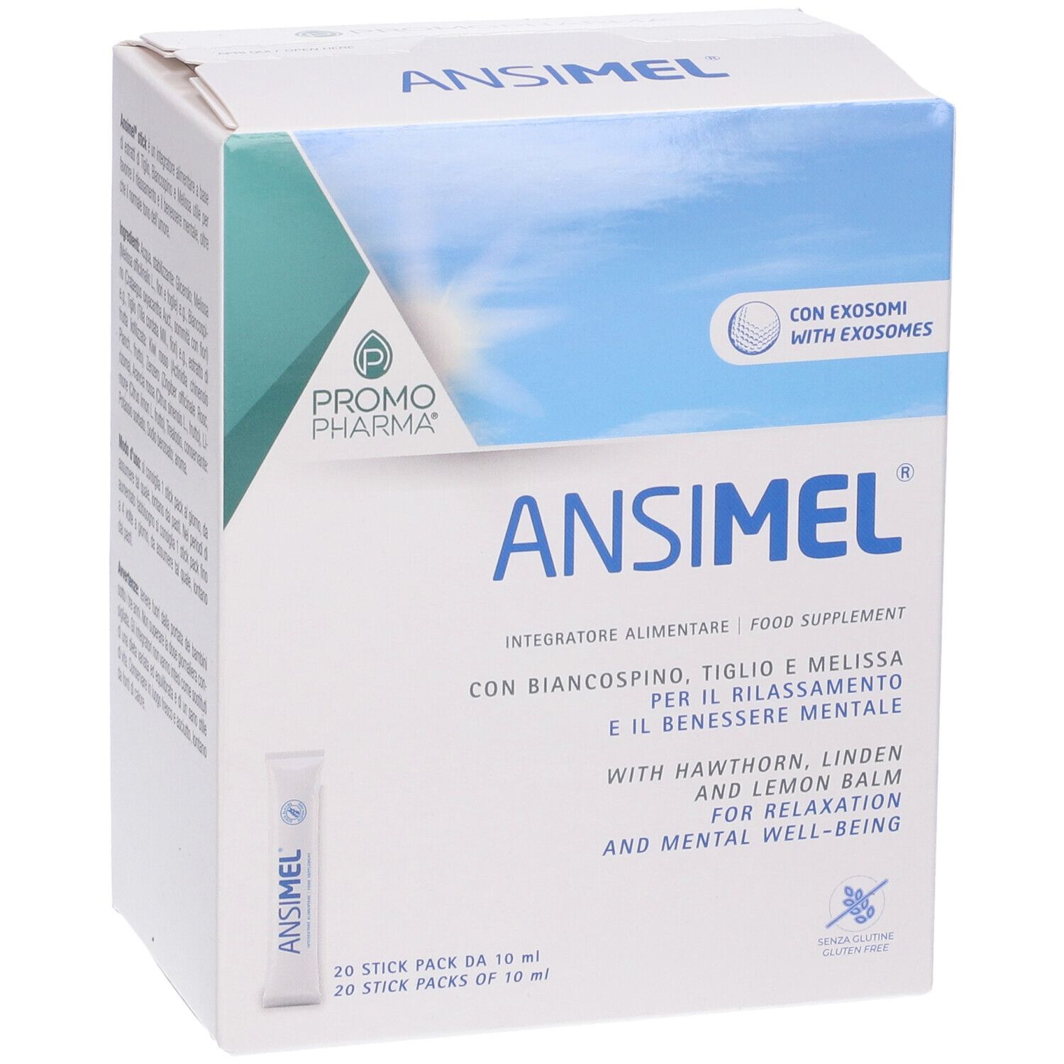 Scatola ANSIMEL 20STICK. Scritto: Promo Pharma, con biancospino, tiglio e melissa. Contiene 20 stick.