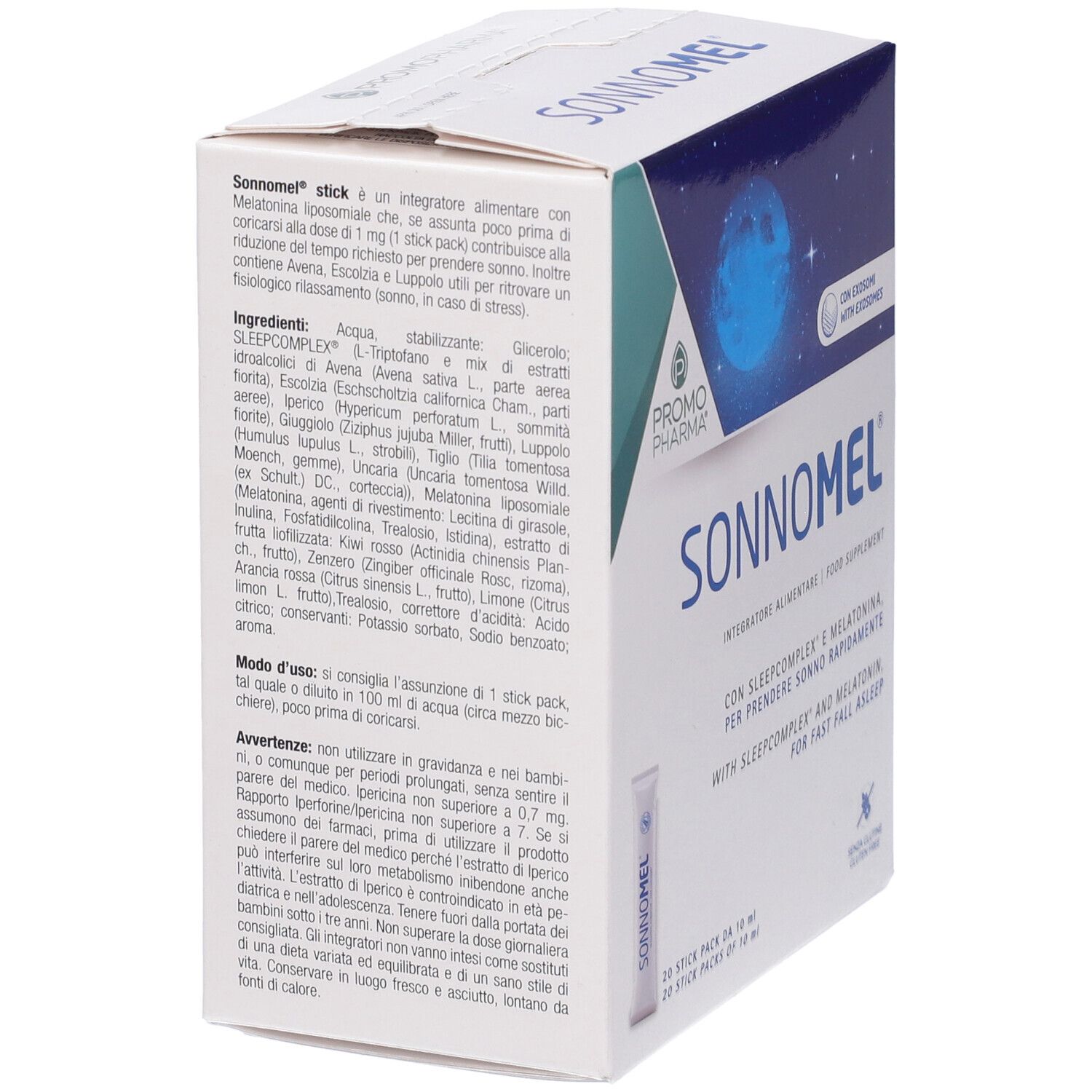 Scatola Sonnomel, vista laterale. Contiene 20 stick pack. Logo Promo Pharma. Testo: Integratore Alimentare, Food Supplement.