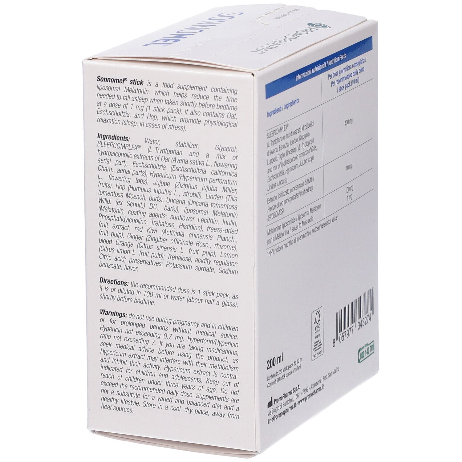 Retro della scatola Sonnomel. Contiene informazioni sugli ingredienti e l'uso. Testo: 20 Stick Pack da 10 ml.